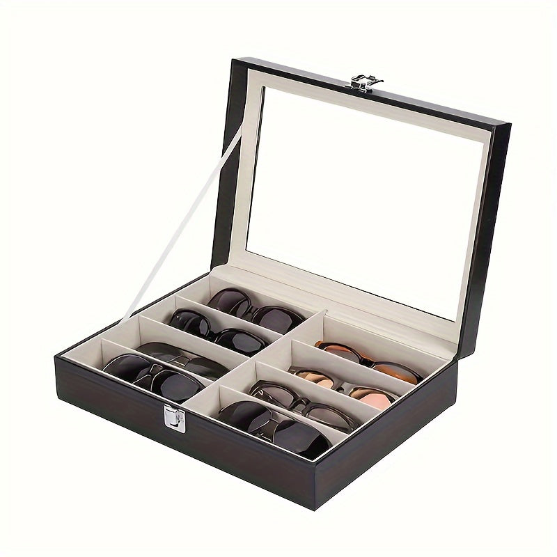 Eyewear Organizer Hard PU Leather Sunglass Storage Case with 8 Slots and Glass Lid