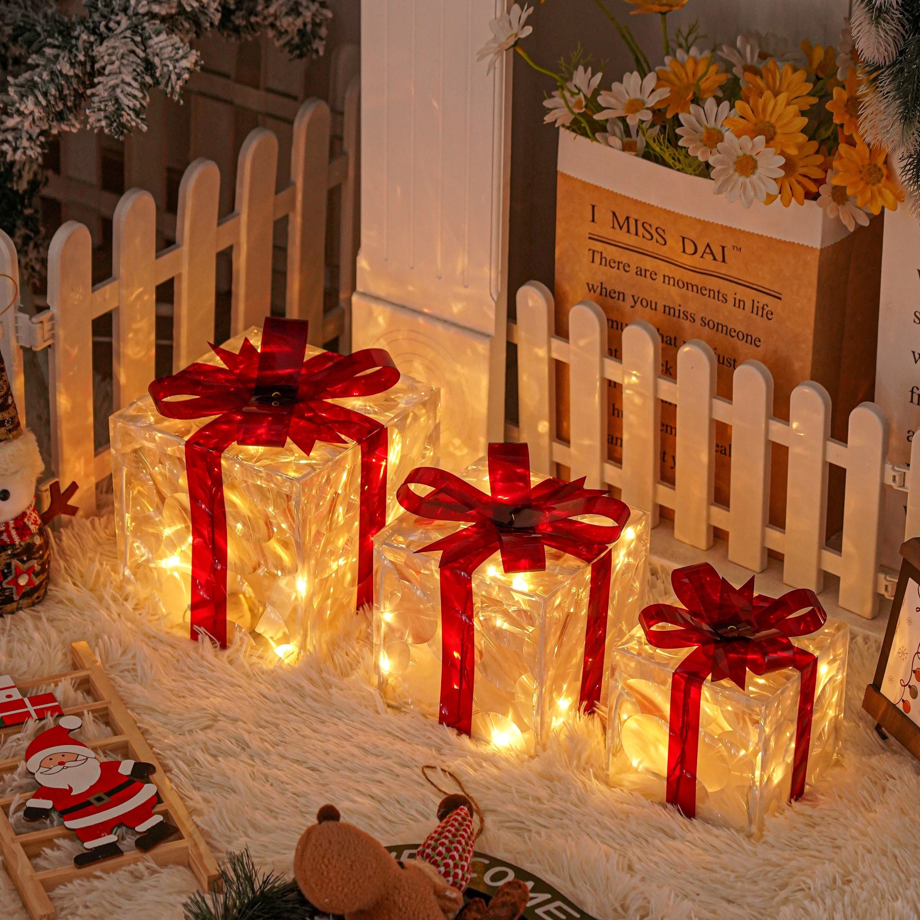 3 Christmas Lighted Gift Boxes with Warm White Lights and Red Bows for Decor