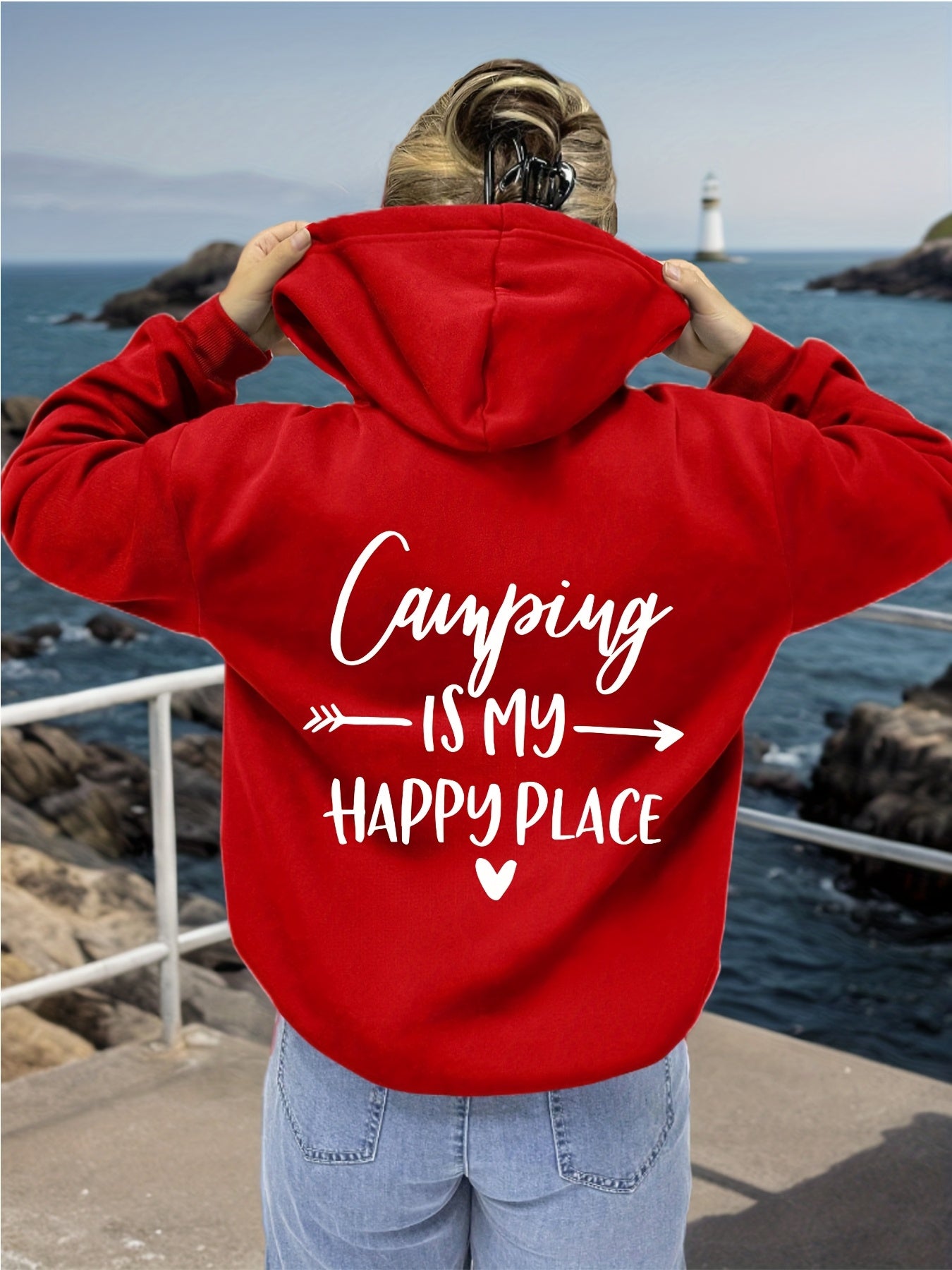 Women Plus Size Hoodie Cozy Green Camping Pullover With Drawstring