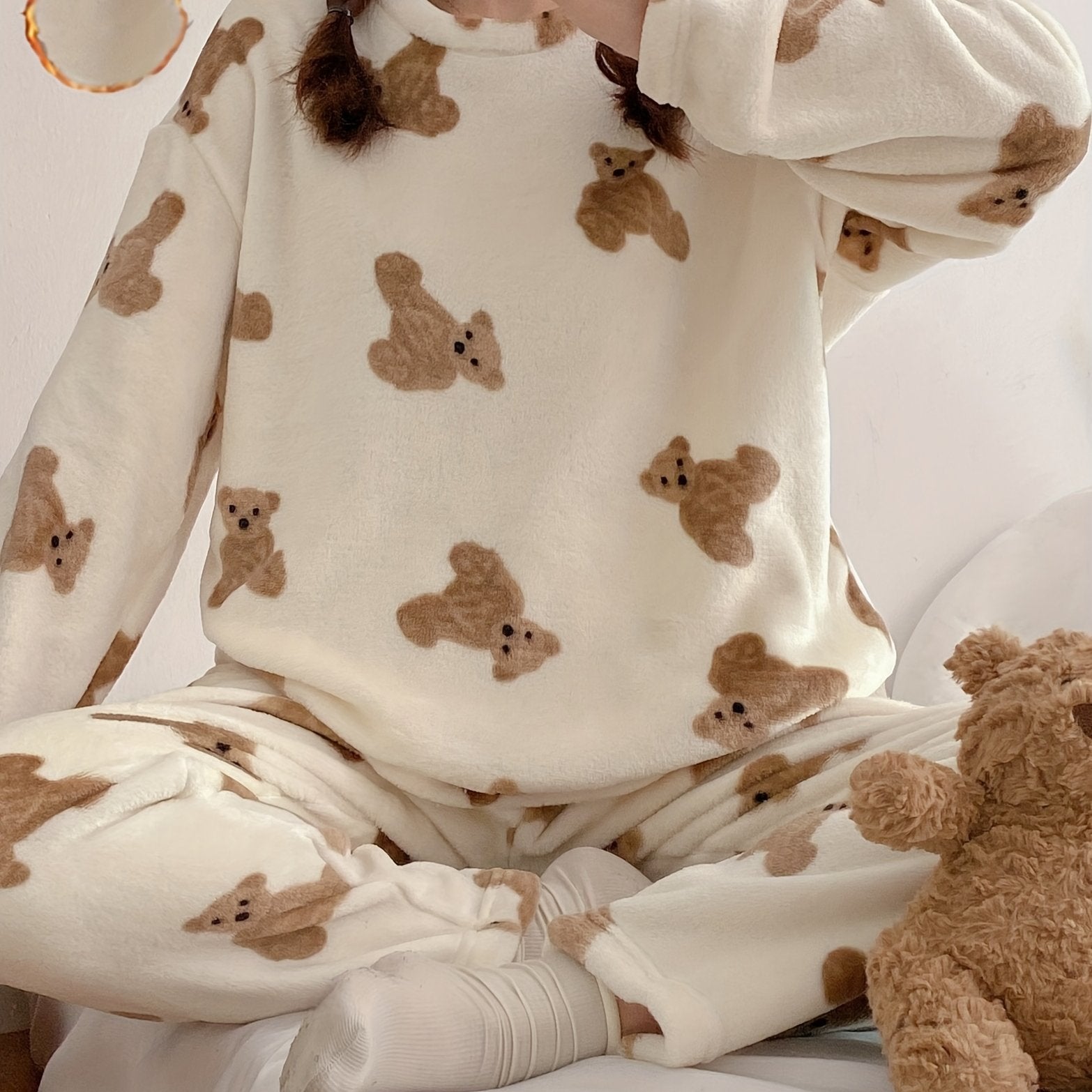 Women’s Cozy Teddy Bear Print Pajama Set Long Sleeve Winter Knit Polyester