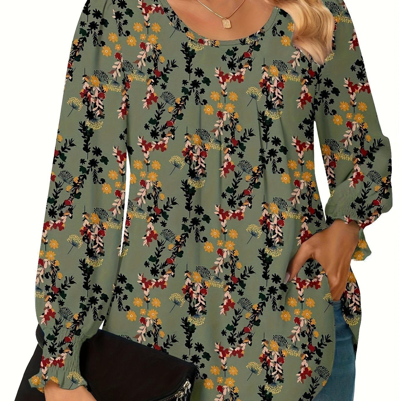 Plus Size Floral Print Blouse Women's Casual Long Sleeve Shirt Machine Washable