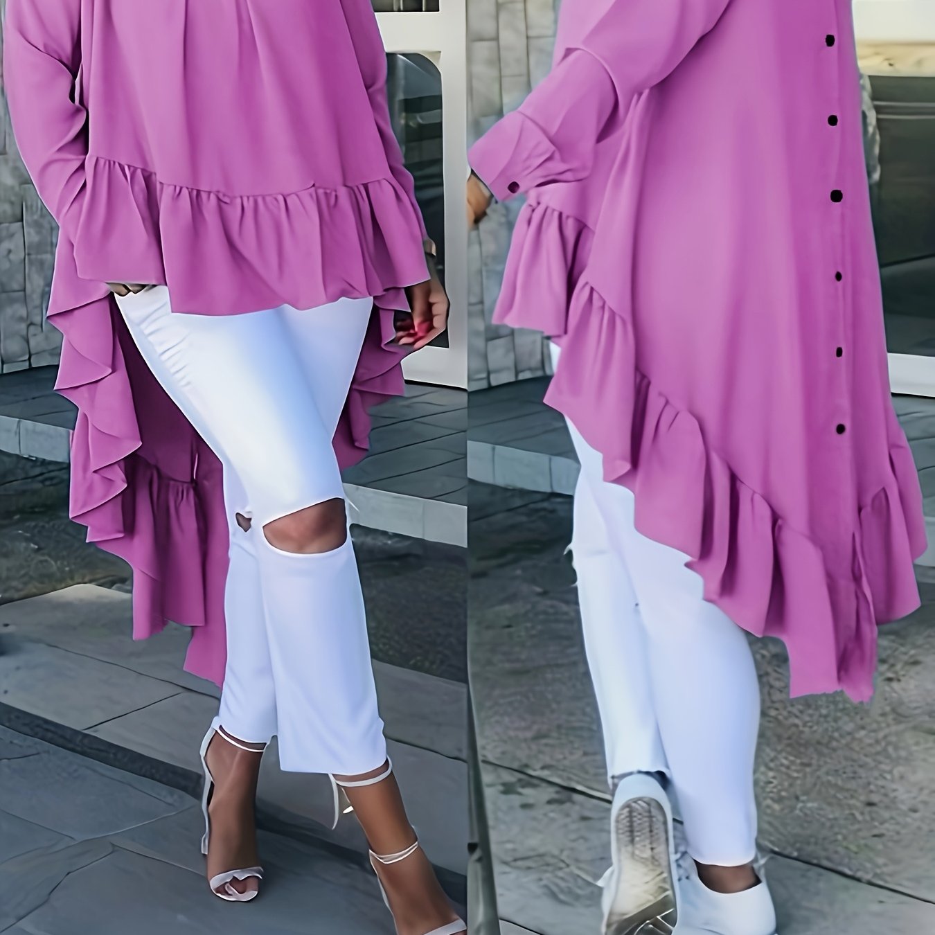 Блузка женская повседневная большого размера с голубым рюшевым краем и длинными рукавами, всесезонная