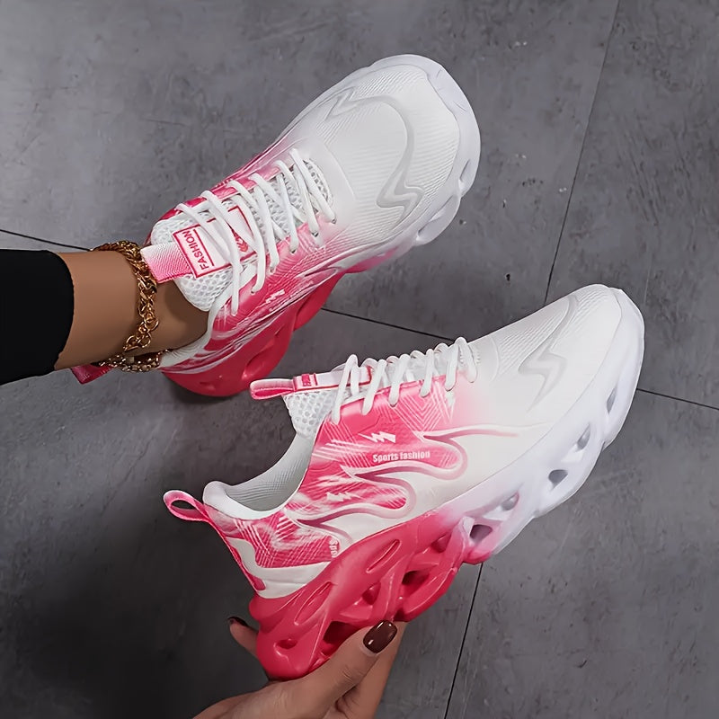 Women's Mesh Running Sneakers - Gradient Pink to White, Lightweight Comfort