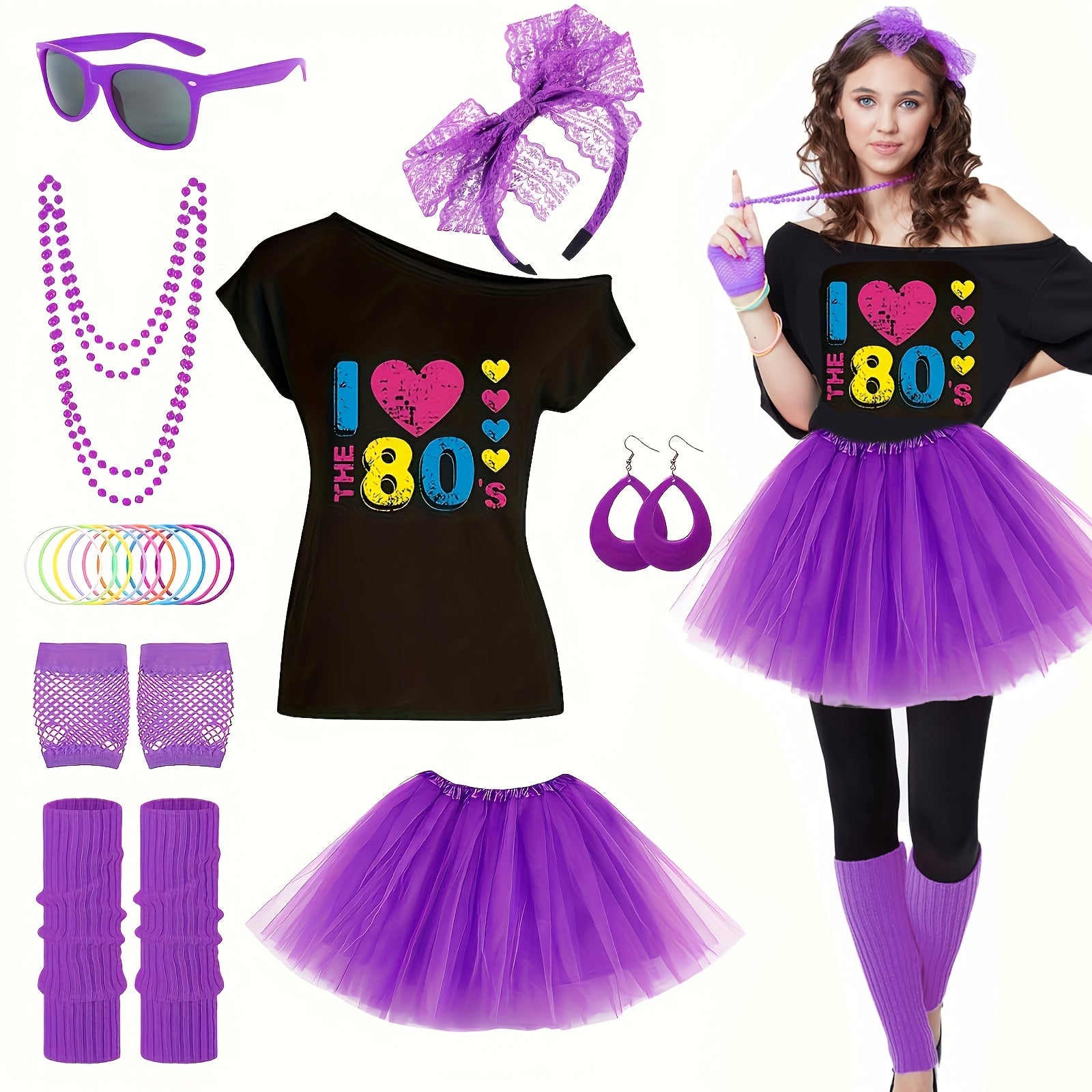80s Costume Kit for Ladies with Lips Print Tee Tutu Skirt Neon Earrings and Accessories