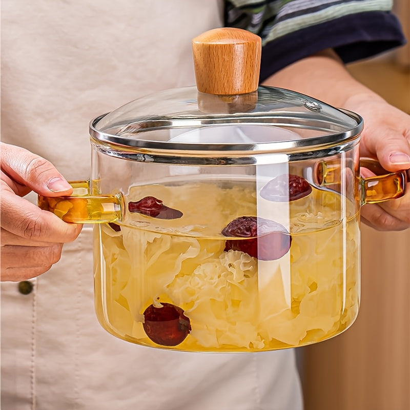 Olla de sopa de vidrio de borosilicato resistente al calor de 54oz con asa amarilla para estufas y hornos