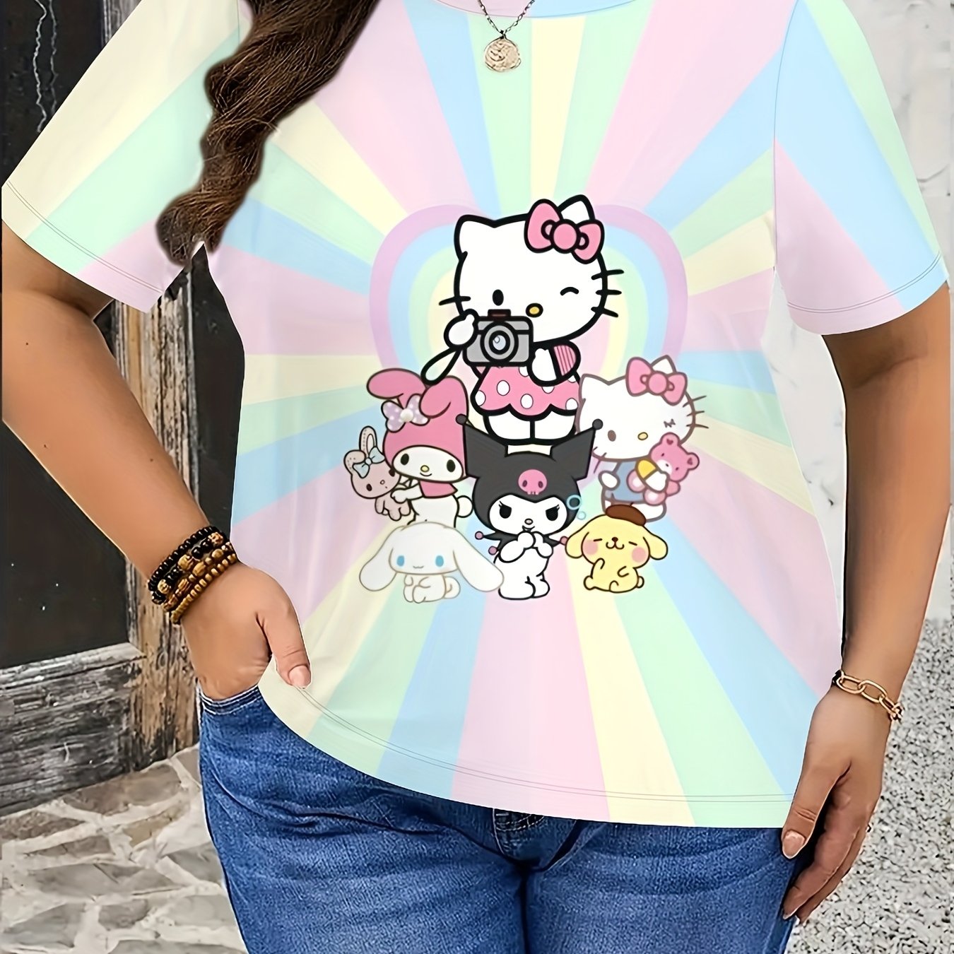 Camiseta de manga corta para mujer de algodón con gráfico de personaje de dibujos animados