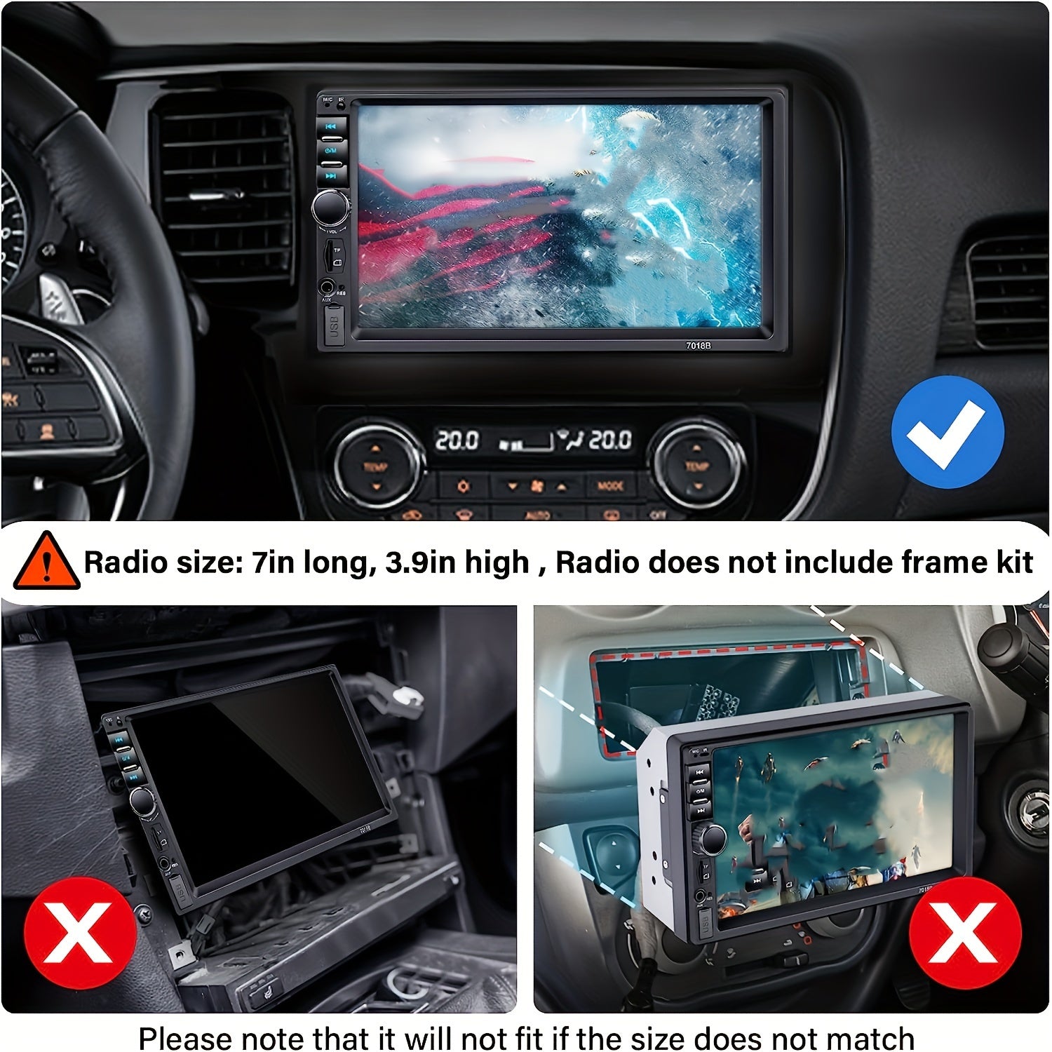 17.78cm Touch Screen Double Din Car Stereo with MP5 Player Wireless Hands-Free Mirror Link USB TF Aux