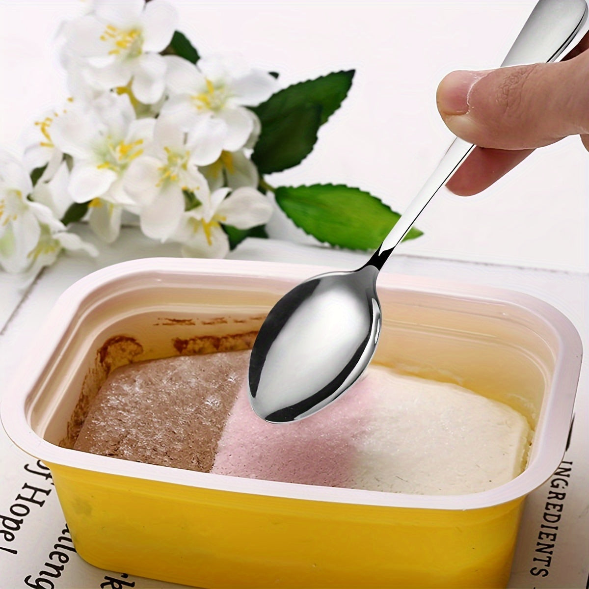 12-Piece Stainless Steel Dessert Spoons Set 13.69cm Black Accents Polished Finish