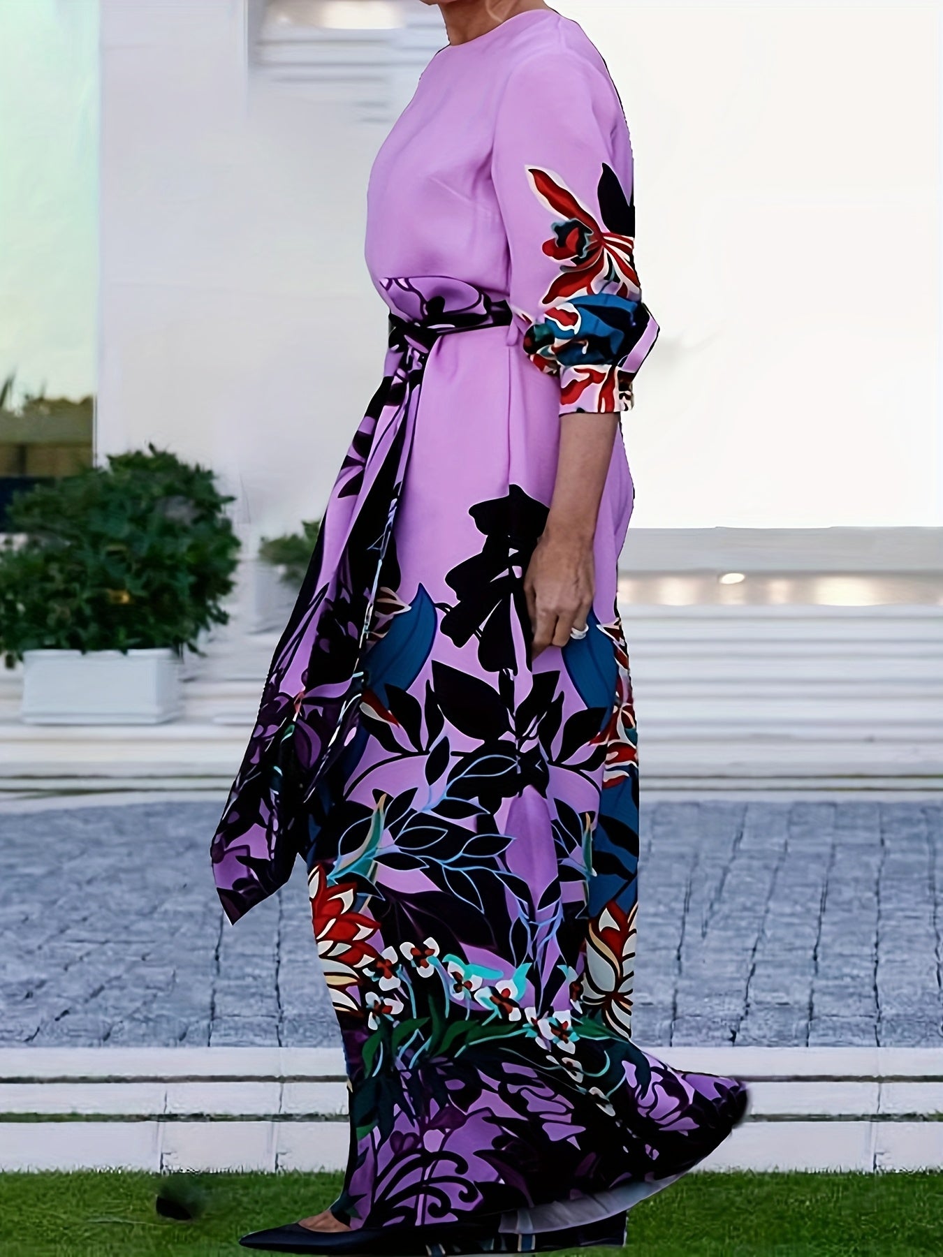 Women's Plus Size Floral Print Jumpsuit Long Sleeve Belted Polyester