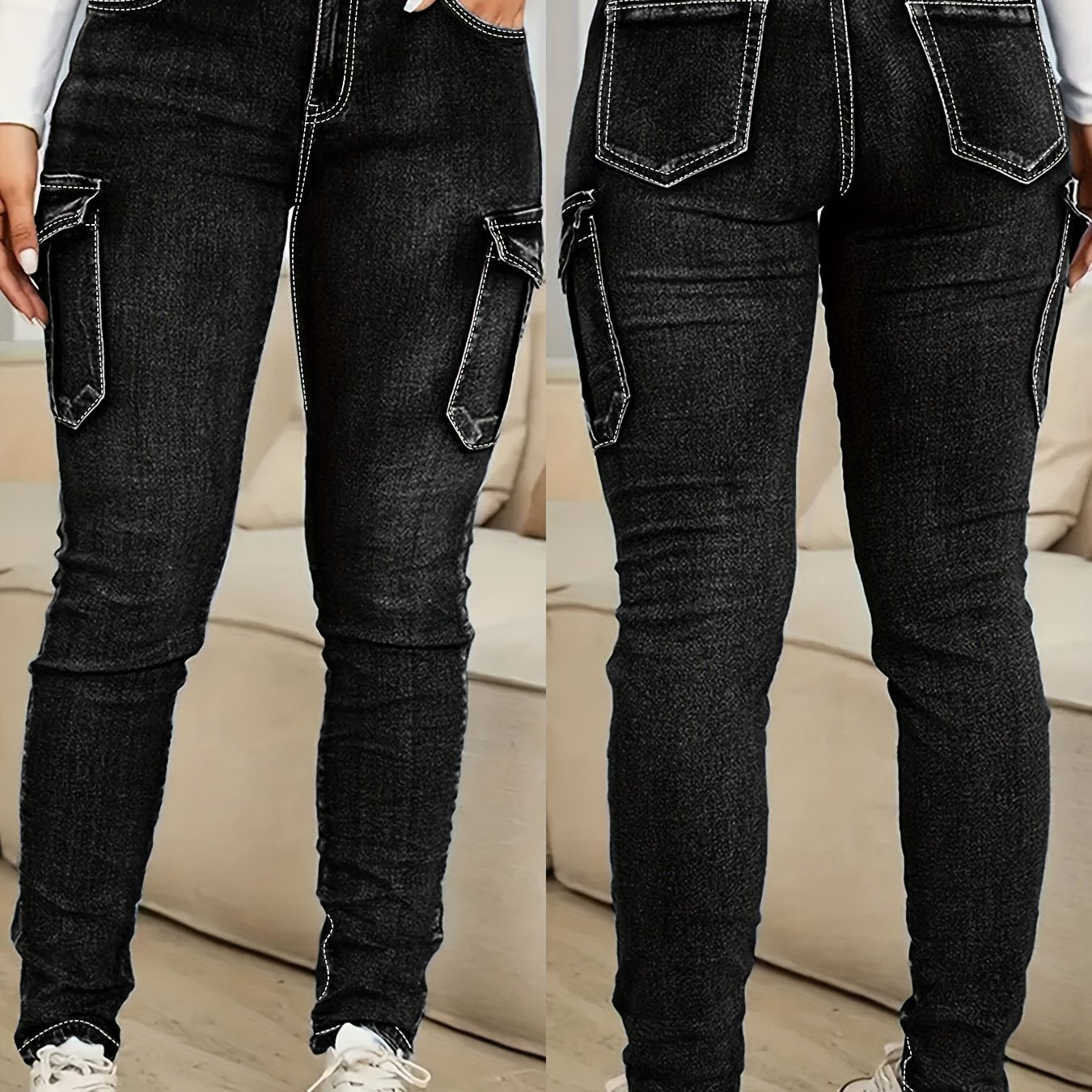 Women Plus Size Black Cargo Jeans with Pockets High Waist Stretchy Denim