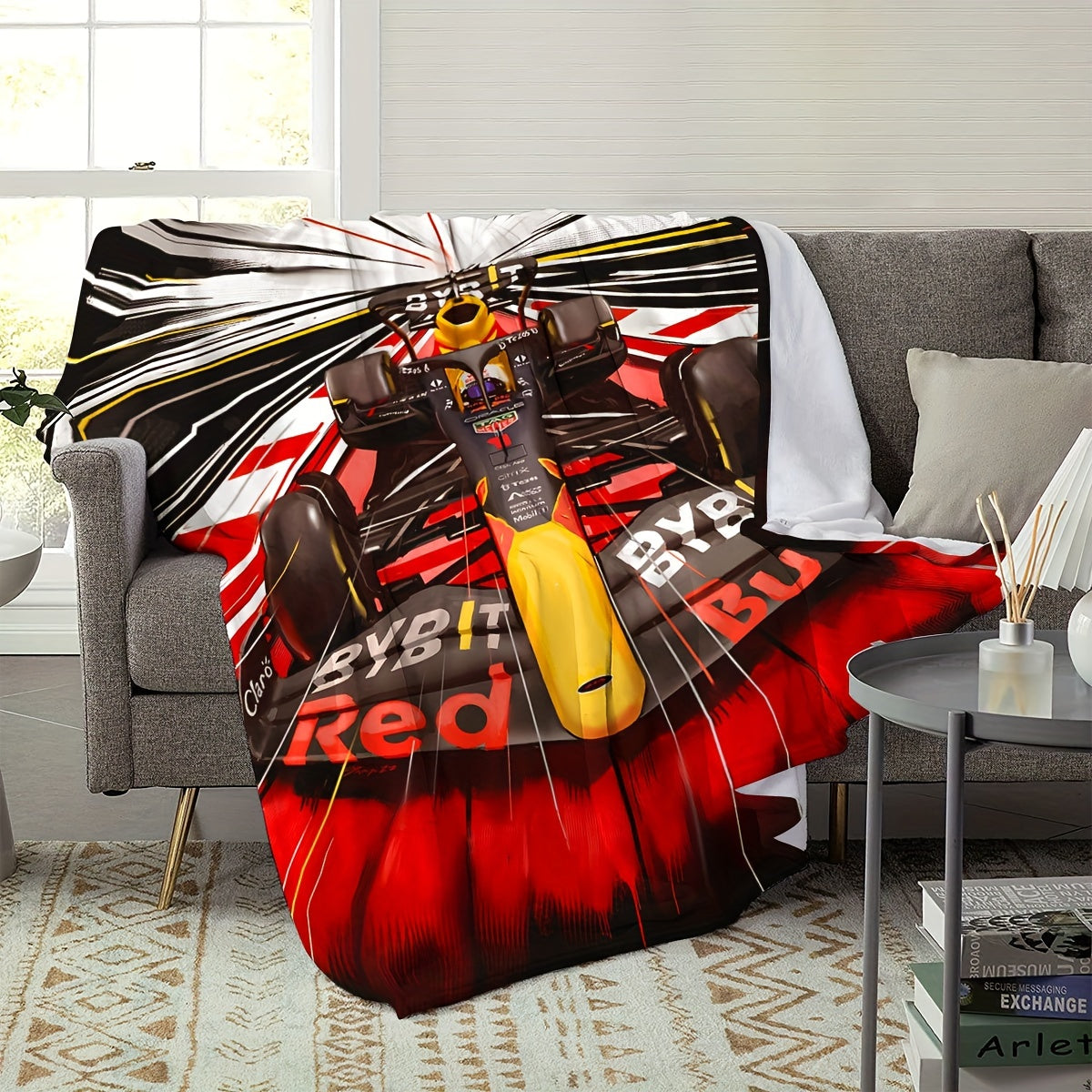 All-Season Flannel Sofa and Nap Blanket Red Black Yellow Digital F1 Racing Car Design
