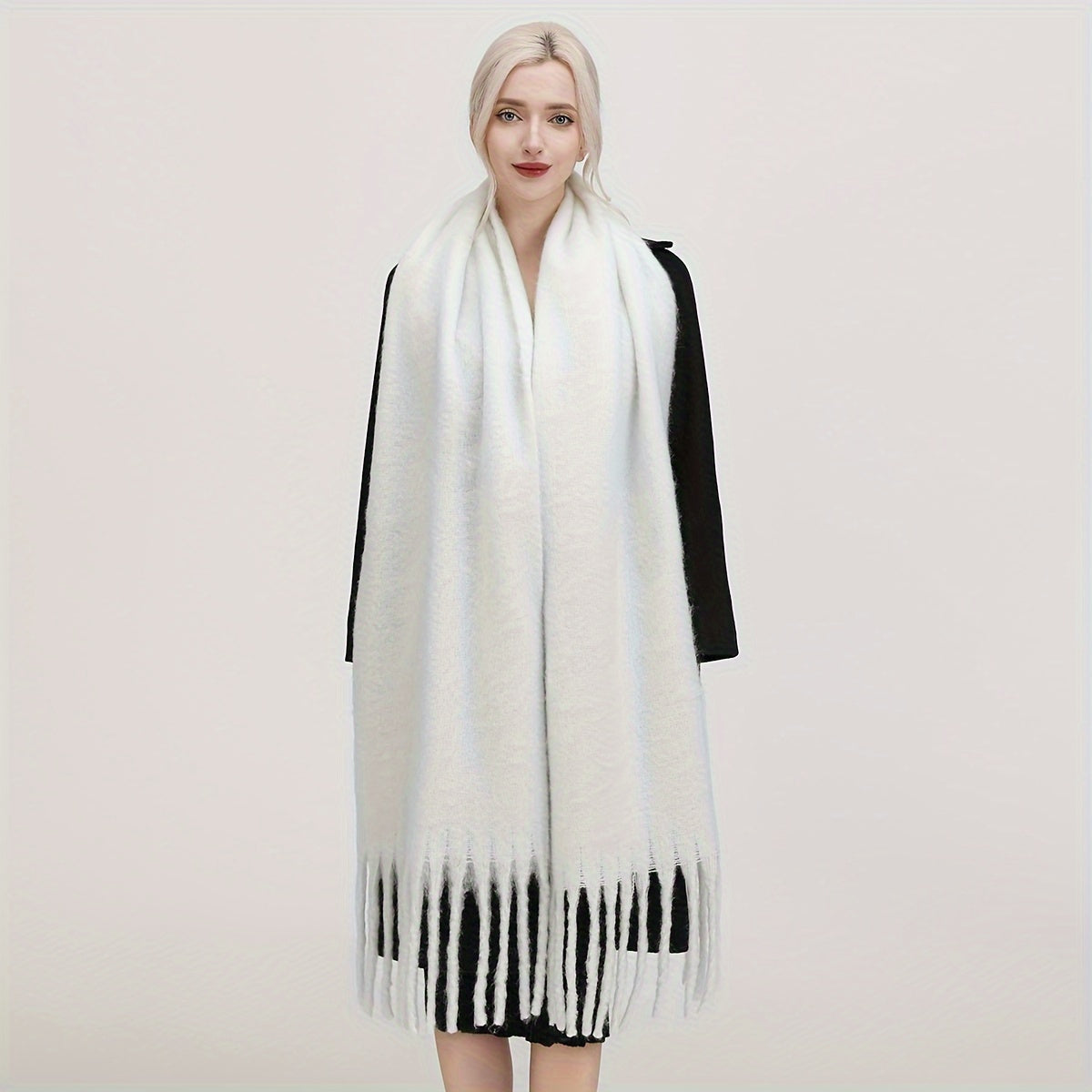 Women's Autumn Winter Solid Color Fringe Scarf Soft Windproof Large Shawl