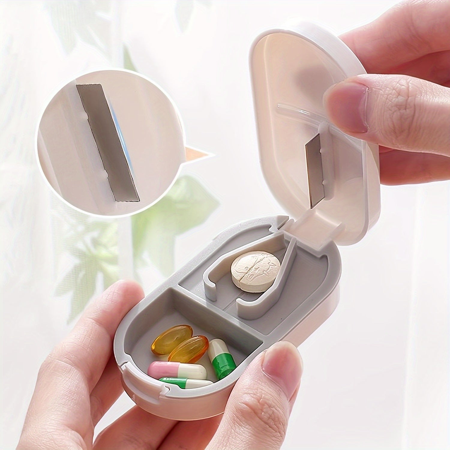 Travel-Size 2-in-1 Pill Cutter and Box Silicone Steel Portable Medication Splitter