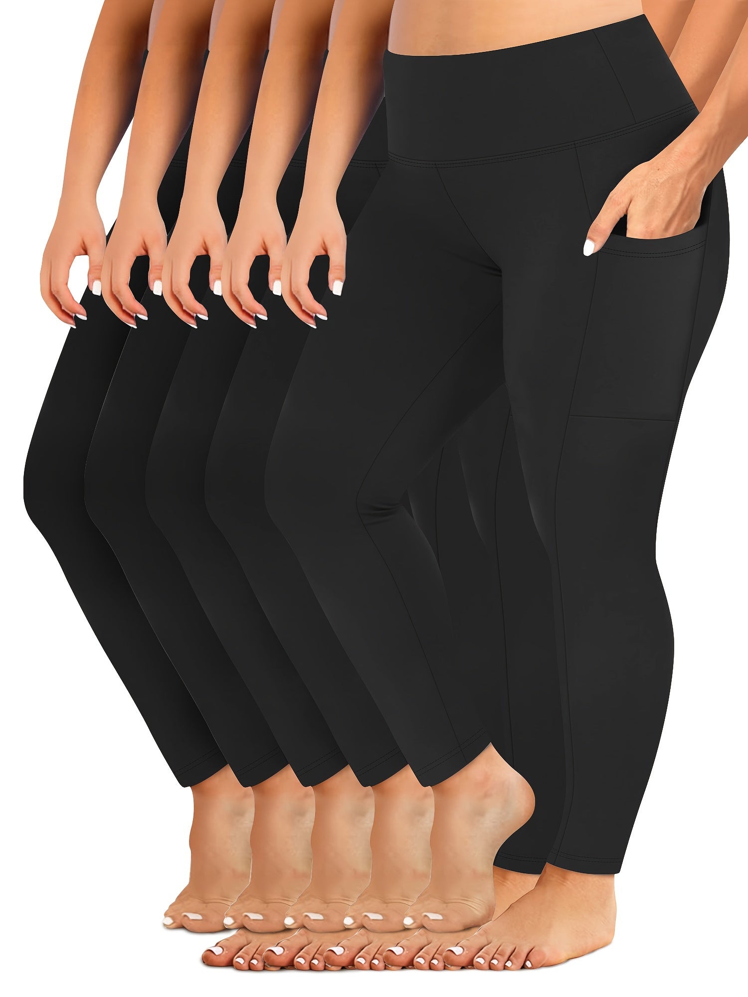 Women's High-Waisted Yoga Leggings 5-Pack with Pockets, Non-See-Through, Multi Colors
