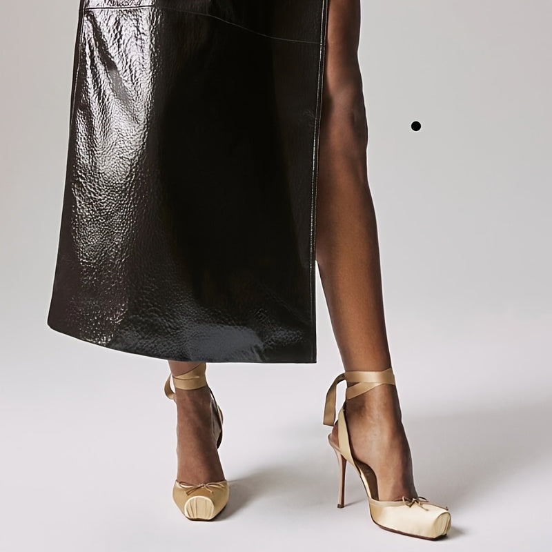 Women's Satin Bow Ankle Strap High Heels for Party Formal Events Apricot