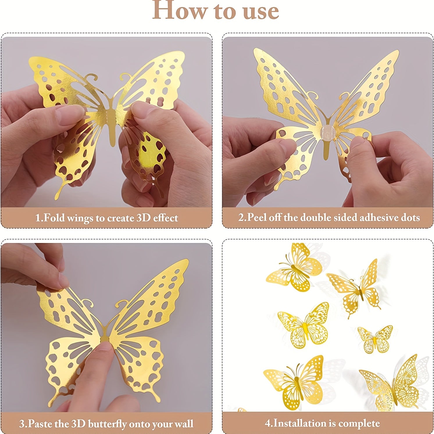 12pcs Gold 3D Butterfly Wall Decals Removable Adhesive for Parties Weddings Nurseries Classroom