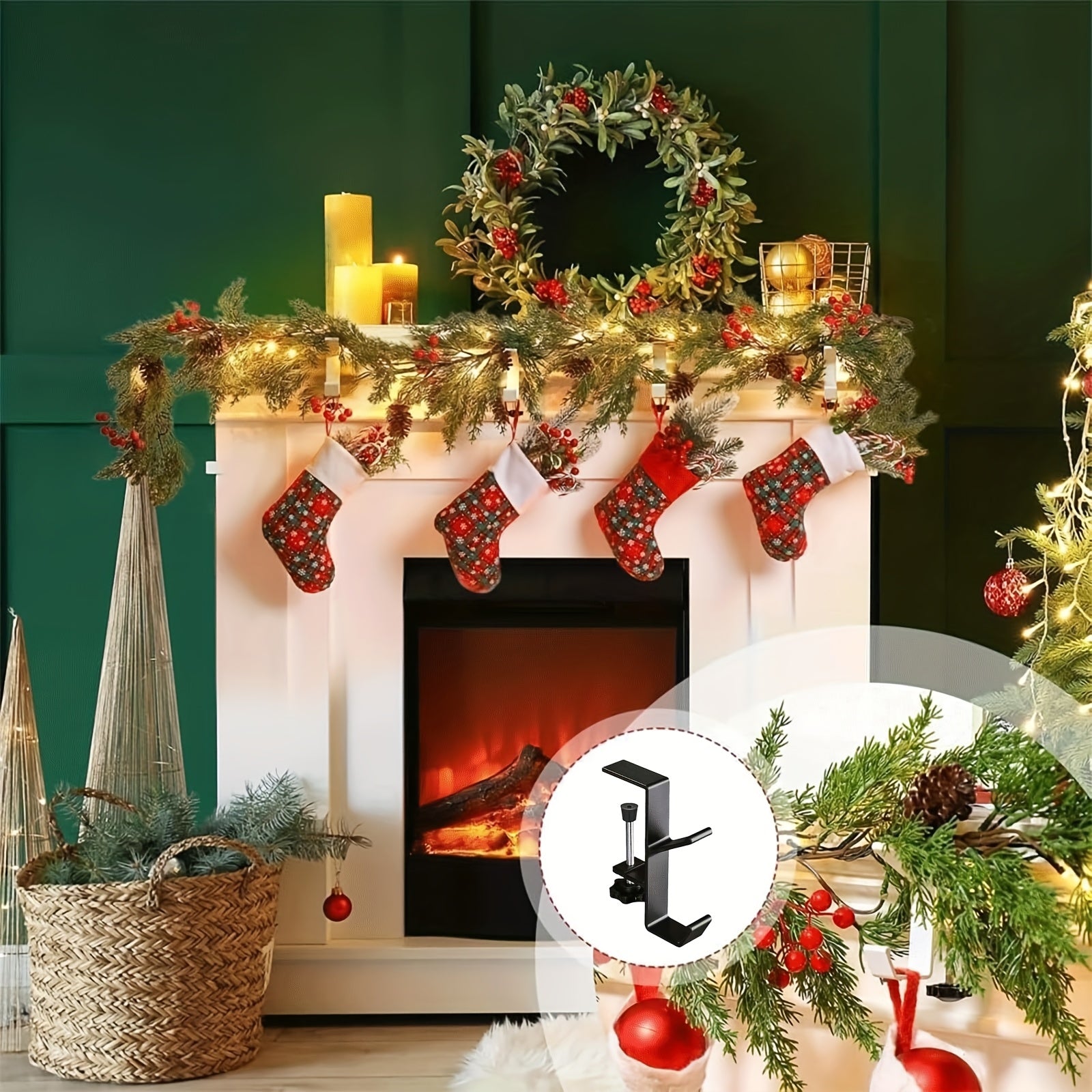 5-Piece No-Drill Garland Stocking Hangers for Fireplace Black Adjustable Heavy-Duty Holders