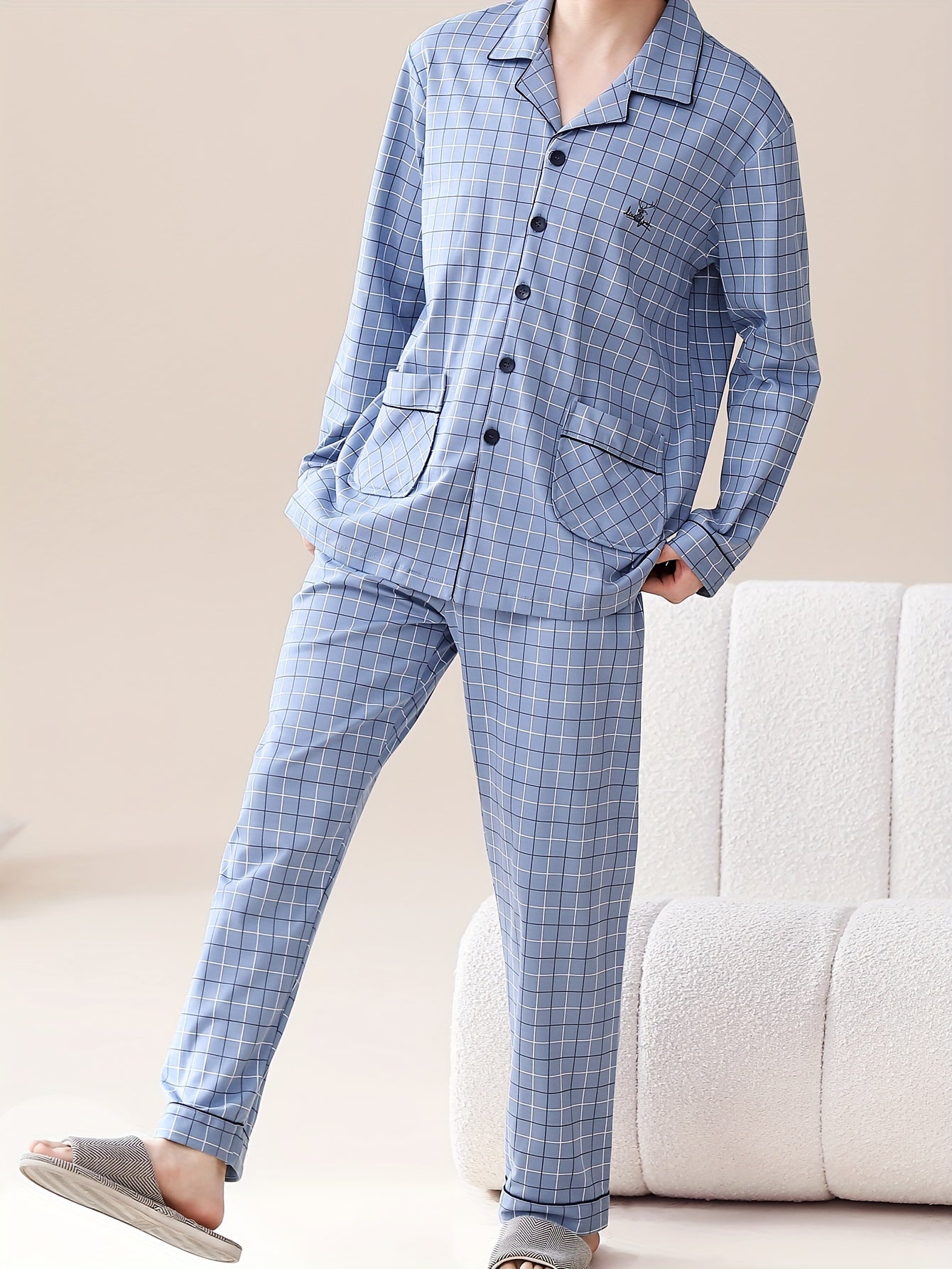 Men's Cotton Long Sleeve Pajama Pants with Pockets and Breathable Fabric