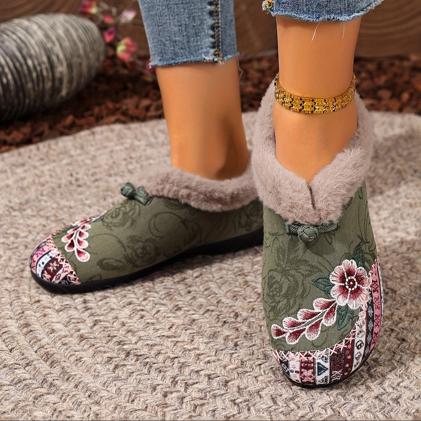 Women's Ankle Boots Winter Warm Anti-Slip Floral Short Shoes