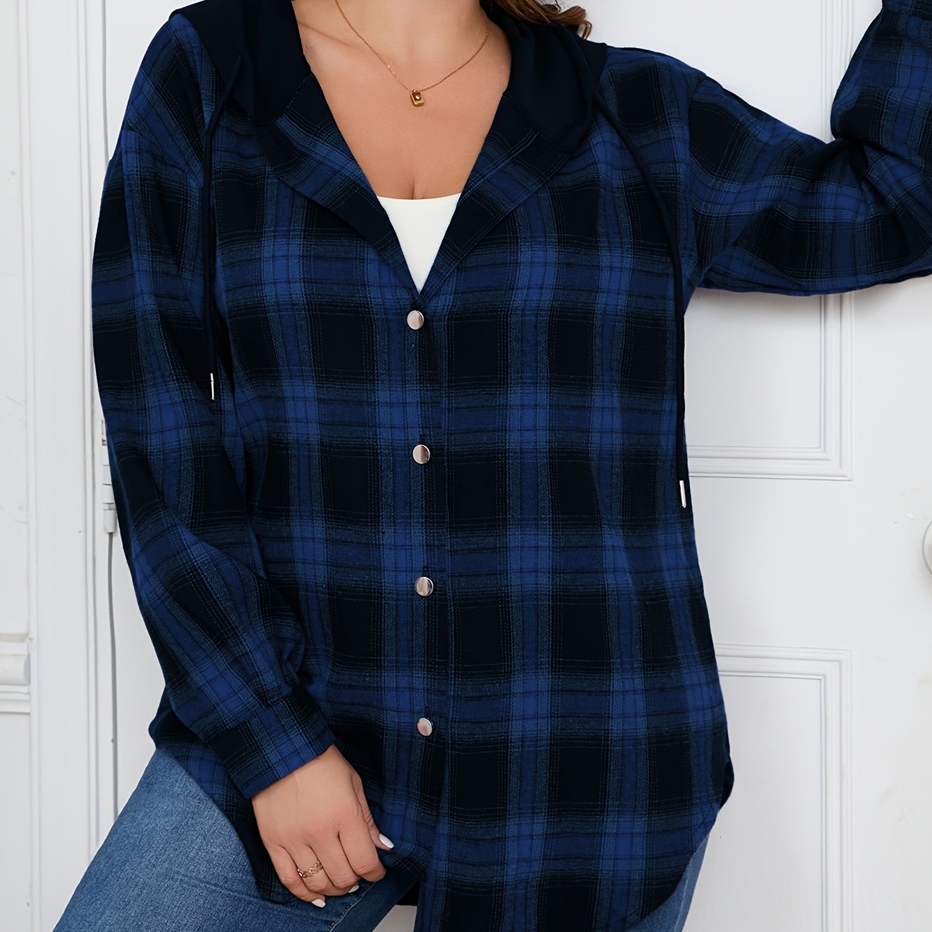 Plus Size Womens Casual Plaid Hooded Shirt Long Sleeve Button Top