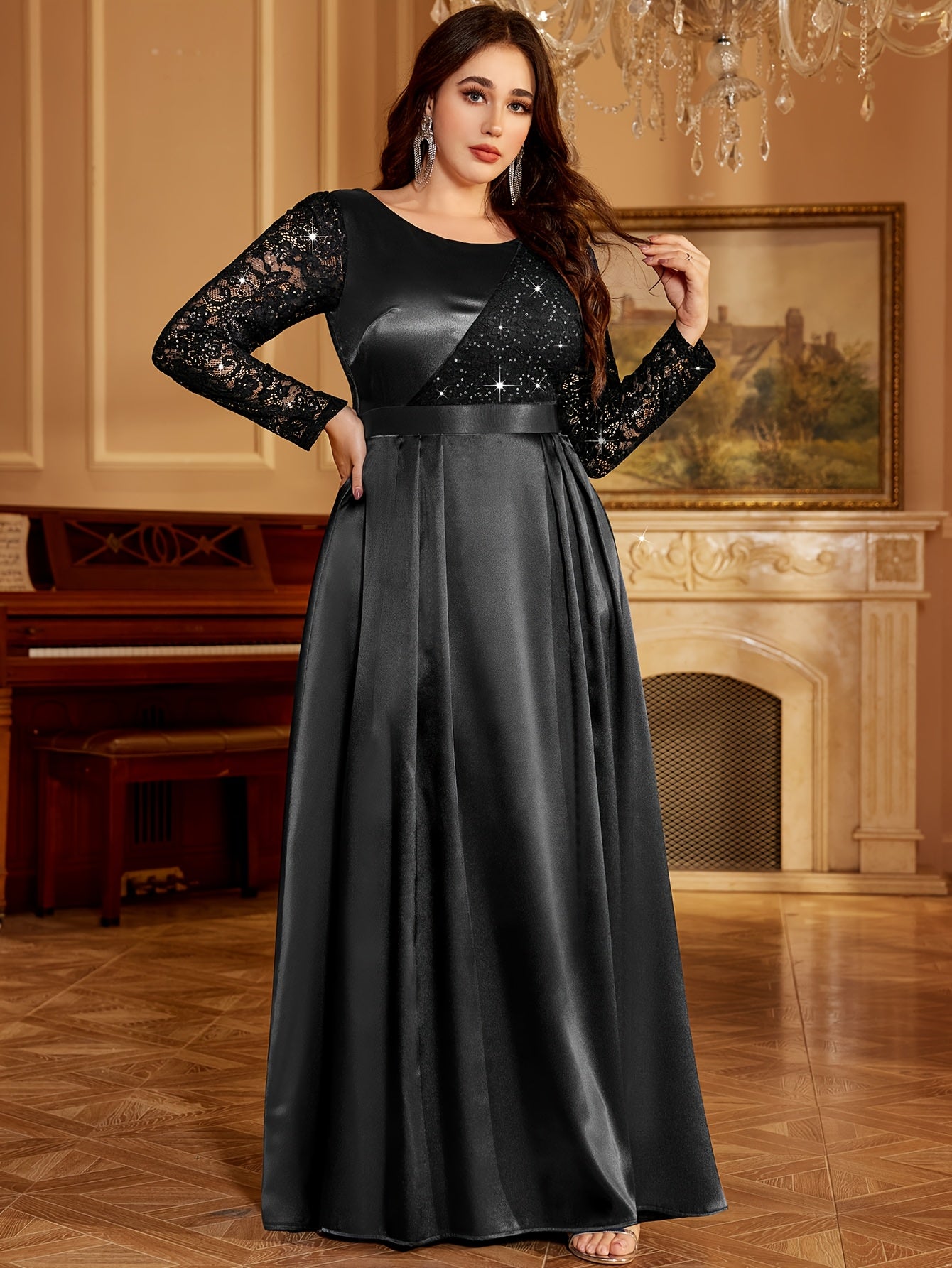 Plus Size Women's Satin Lace Wedding Dress Sequin Embellished Mermaid Evening Gown