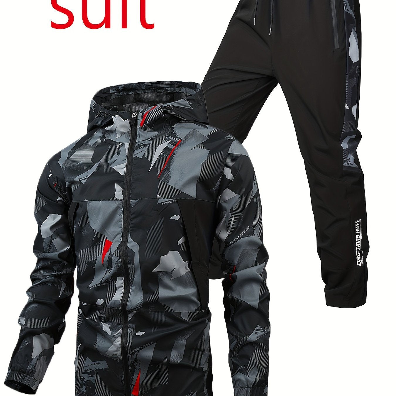 Men's Camo Sportswear Set Hooded Jacket and Pants with Zipper Pockets Stretch Fabric Fall Winter Casual