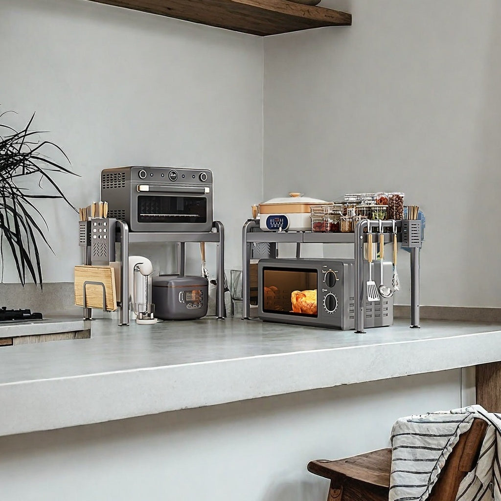 Kuchka uchun sozlanadigan mikroto'lqinli pech uchun turar joy va asboblar uchun tutqich bilan ta'minlangan stol usti stand