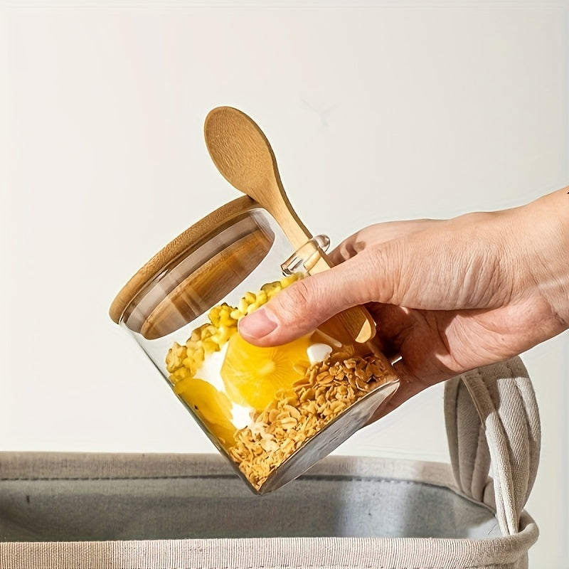 Multi-Functional Glass Storage Jar and Wooden Spoon Set for Tea Coffee Sugar