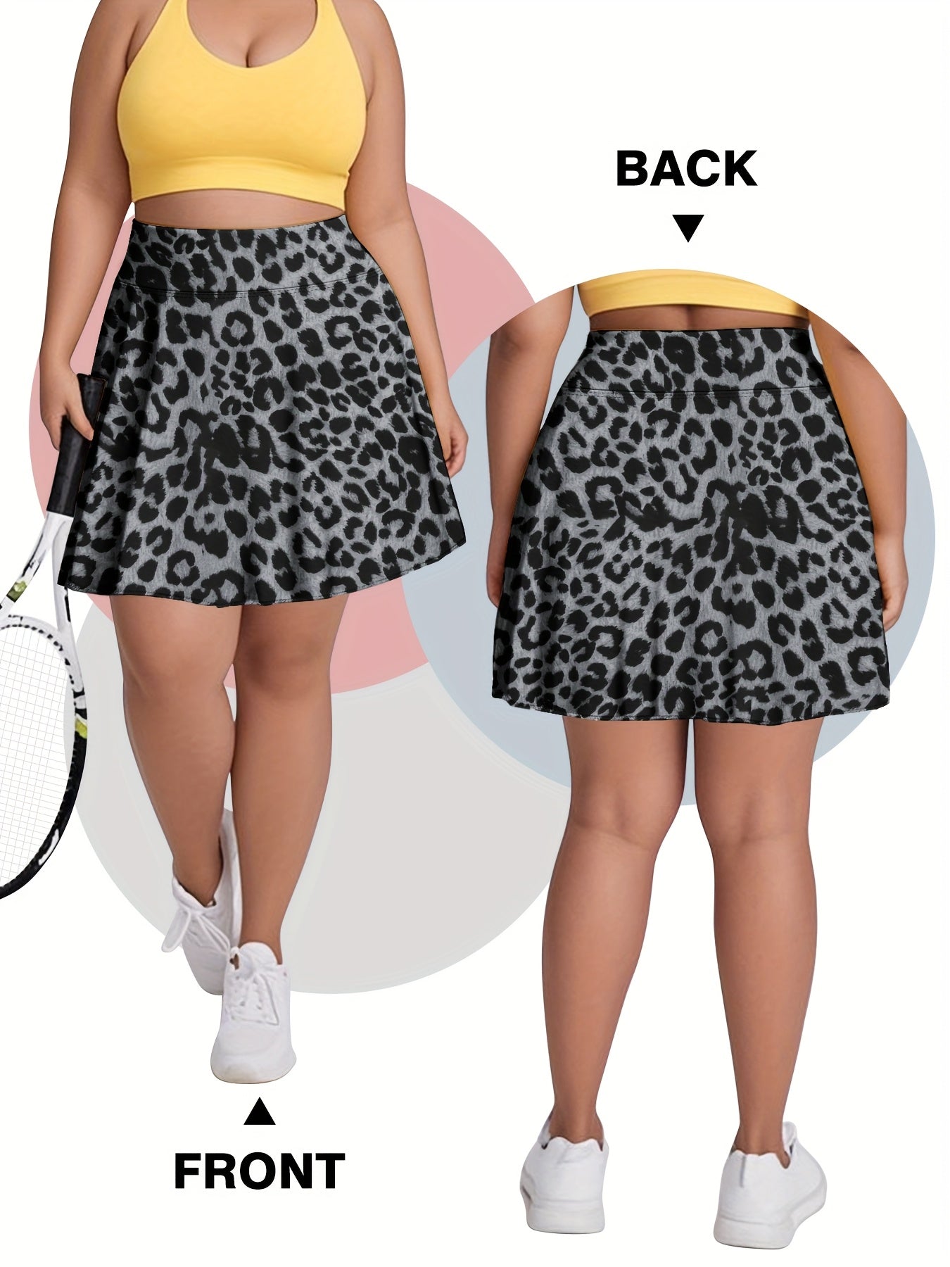 Women's Plus Size Leopard Print High-Waist Skort with Pockets for Tennis Casual Wear