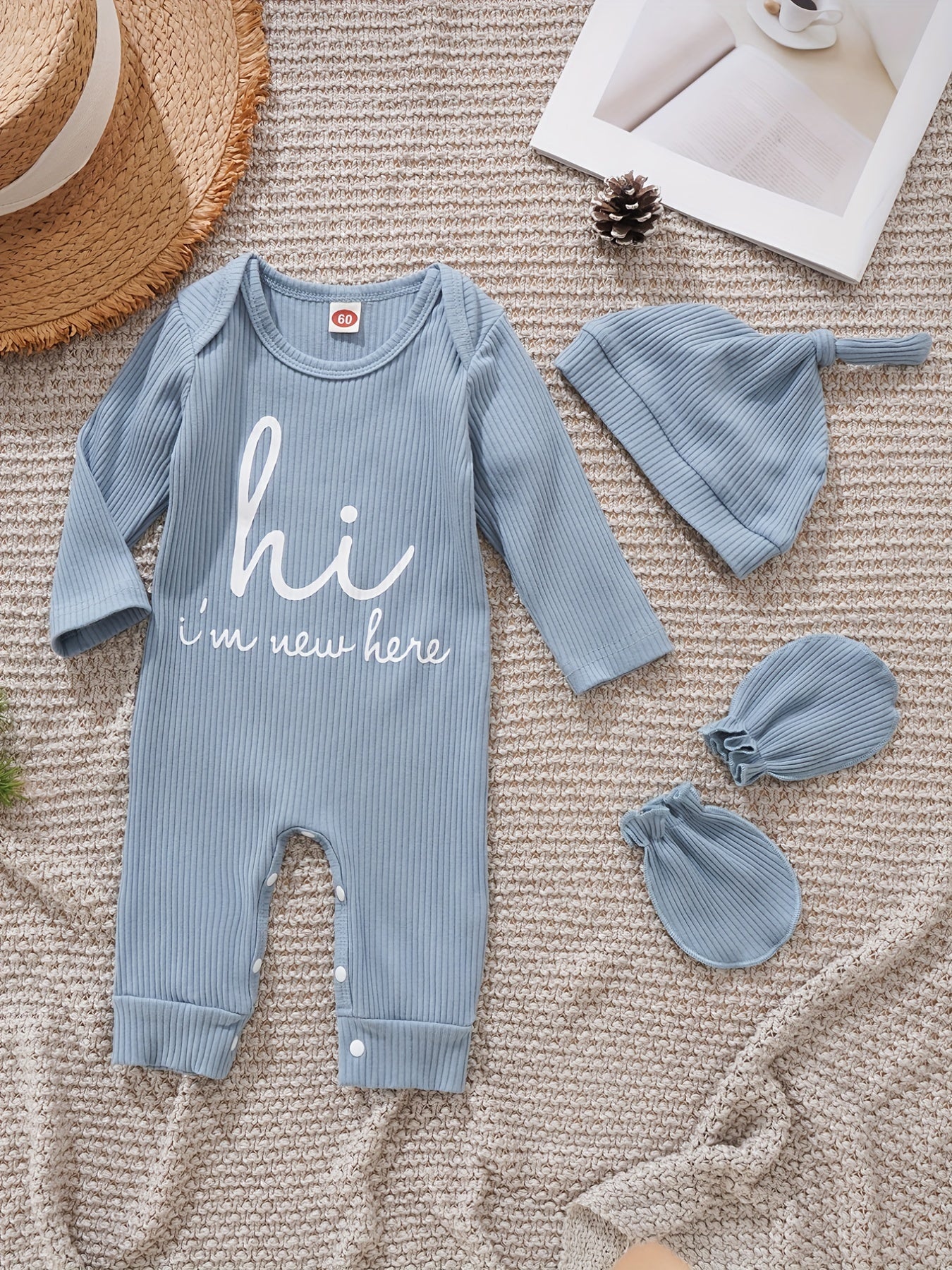 Newborns' Cotton Long Sleeve Romper Set with Hat and Gloves for Boys and Girls