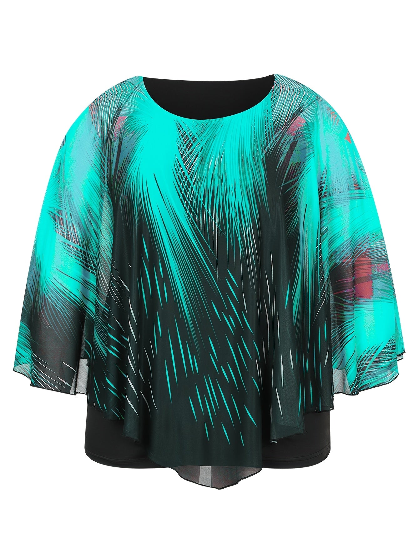 Plus Size Women's Mesh Panel Faux Two-Piece Top Black Turquoise Flame Print Short Sleeve Blouse