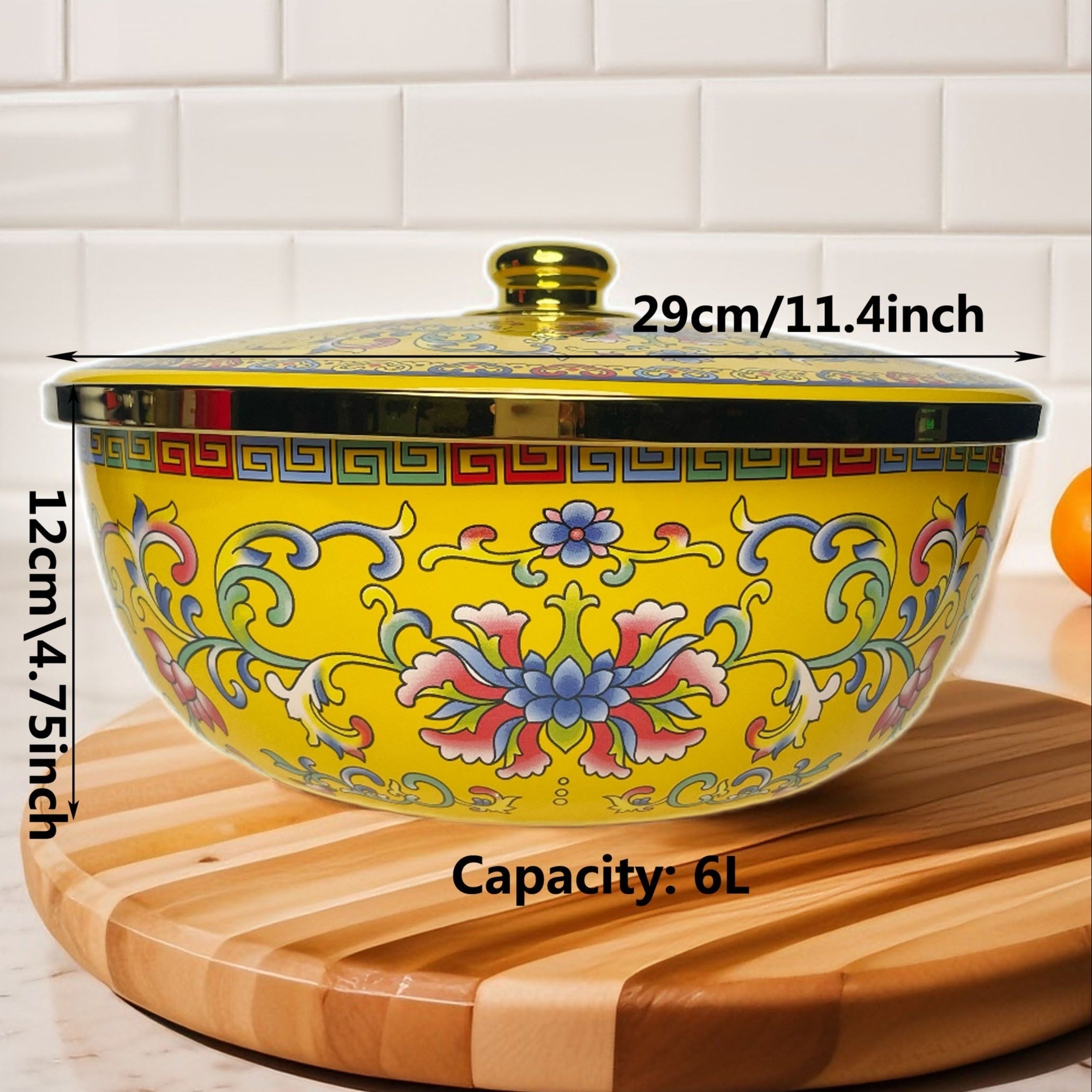 Enamel Mixing Bowl with Lid, Large Salad Basin for Kitchen and Dining