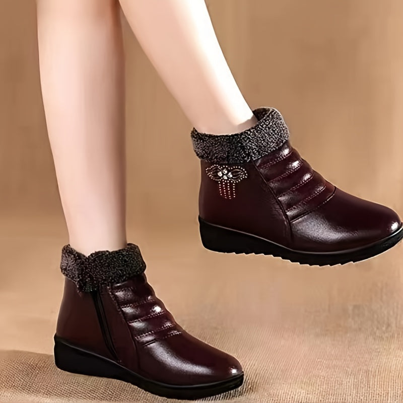 Women's Faux Fur Ankle Boots with Plush Lining Non-Slip Sole Red Bow