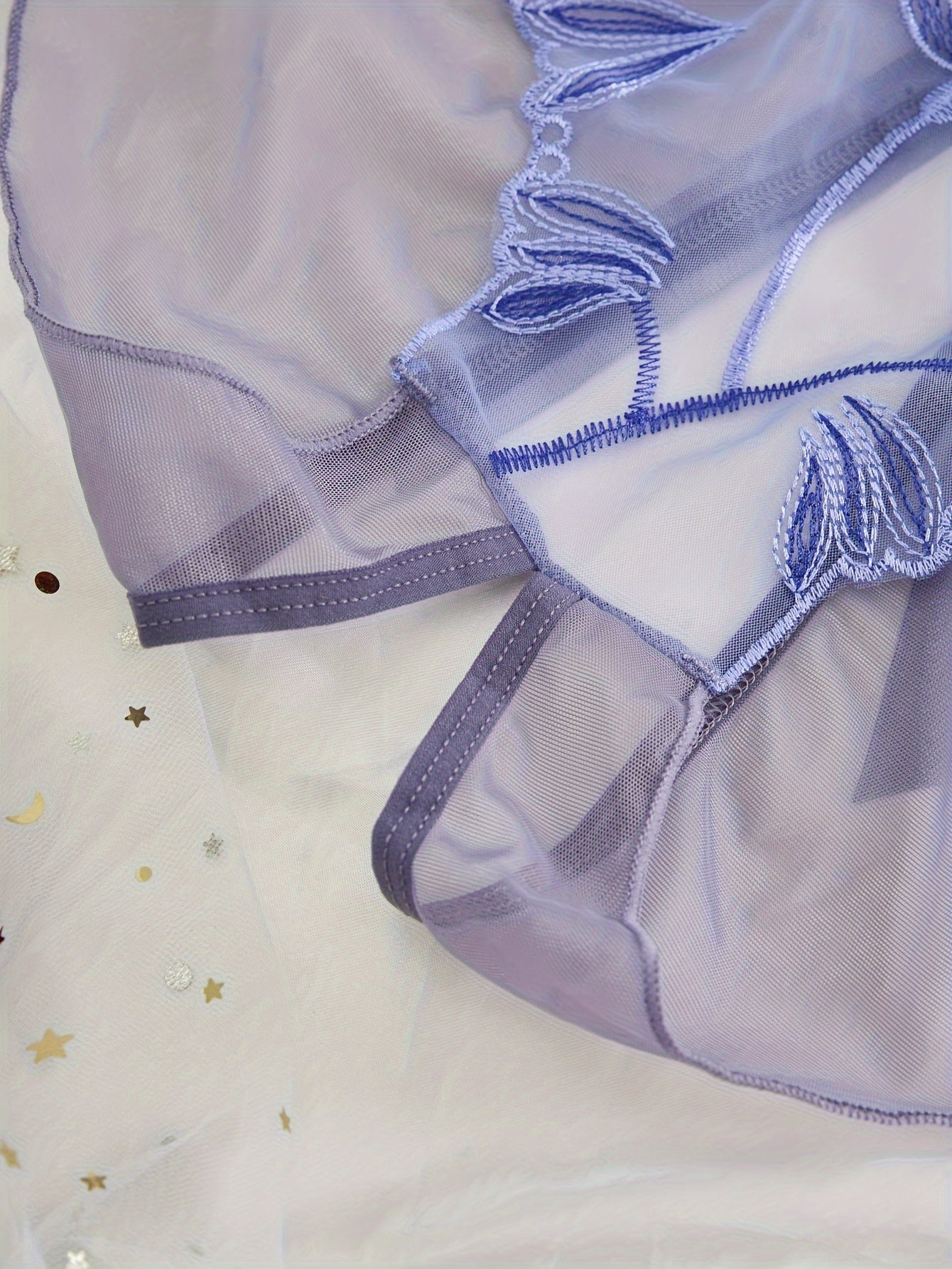 Women's Light Purple Lace Mesh Panties with Floral Embroidery and Open Crotch