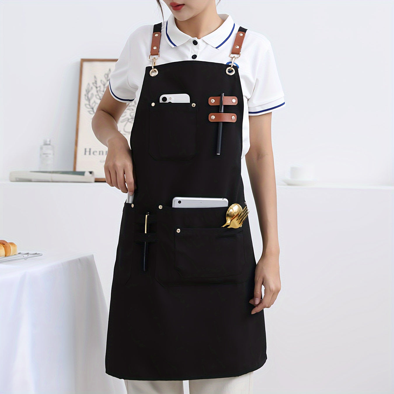High-End Canvas Apron with Four Pockets for Kitchen Restaurant Cooking and Baking