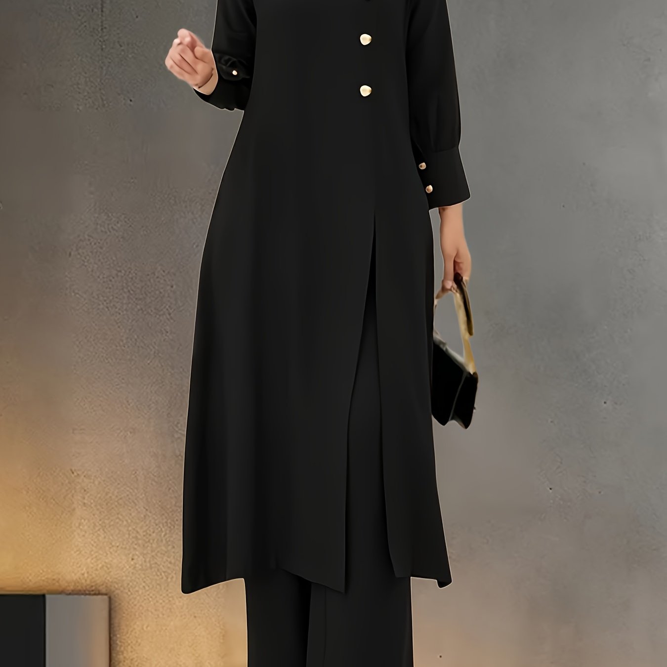 Women's Muslim Outfit Long Sleeve Button-Up Shirt Wide-Leg Pants Casual Wear Polyester