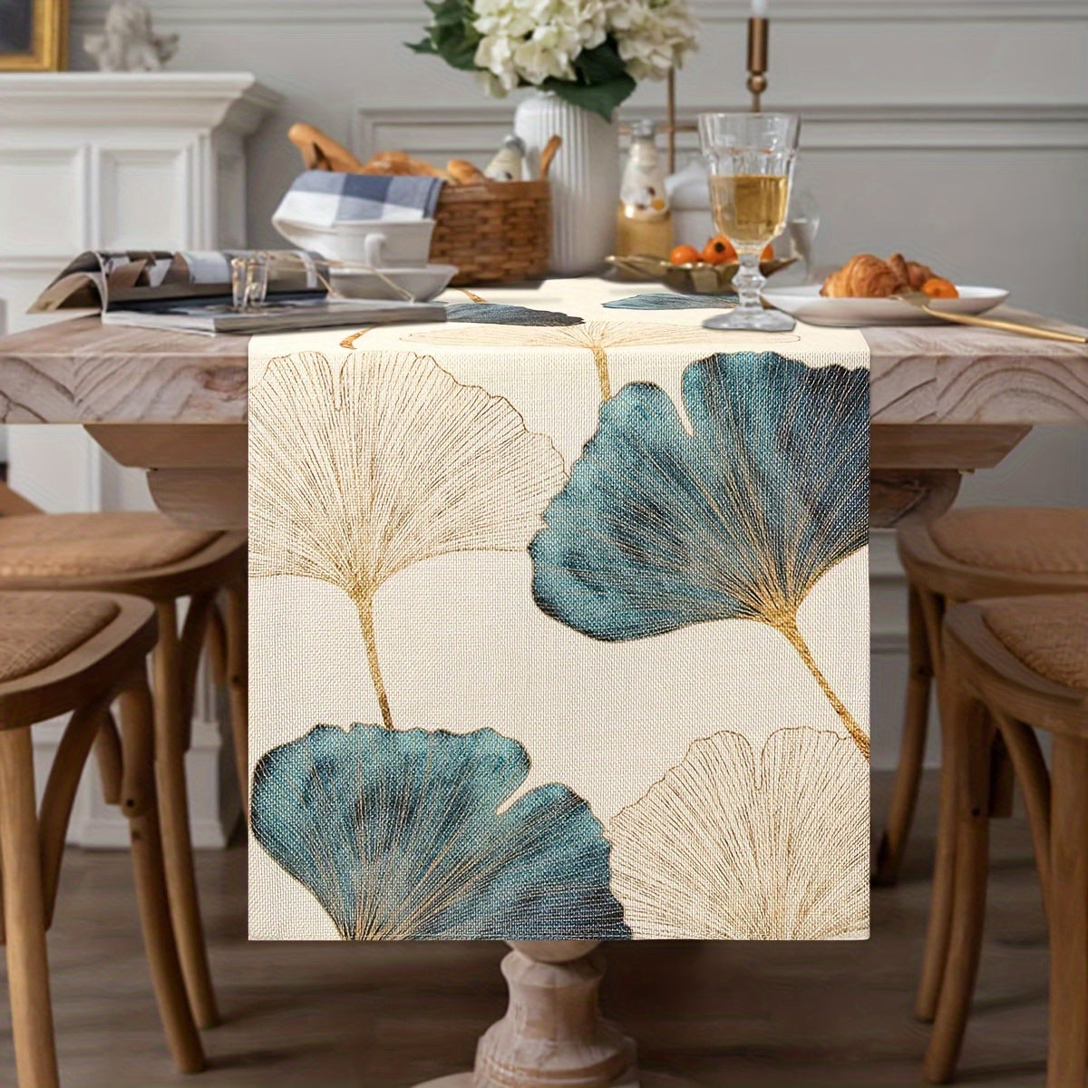 Blue Green Golden Ginkgo Leaf Pattern Table Runner for Rustic Farmhouse Decor
