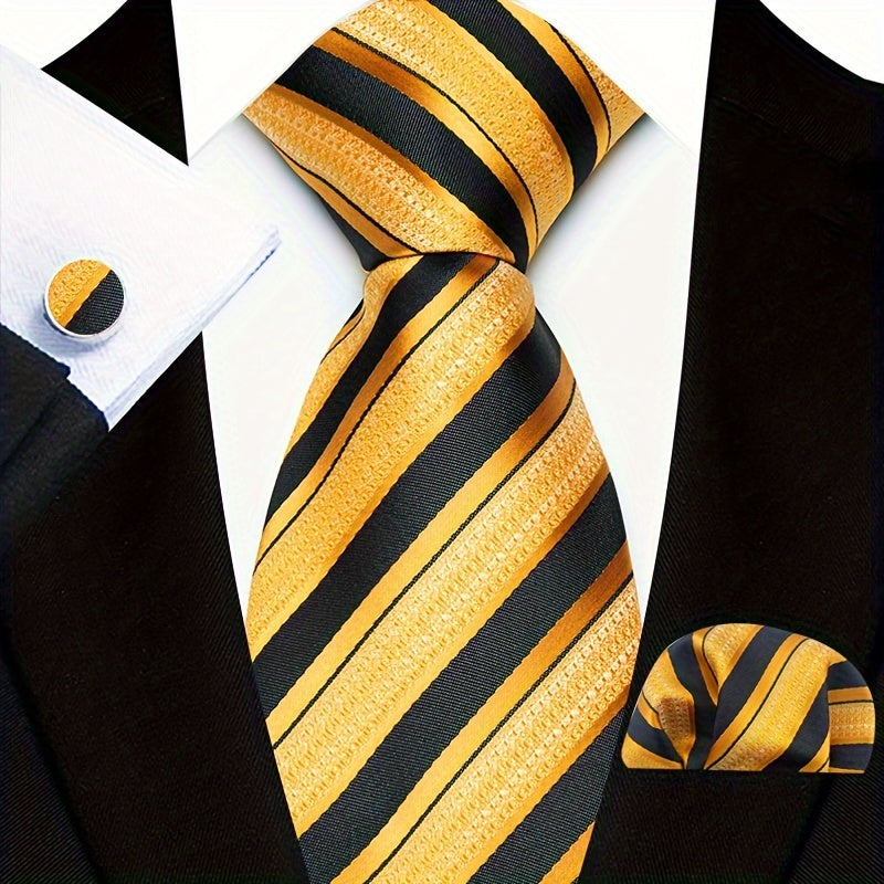 Men's Business Casual Tie Pocket Square Cufflinks Woven Multicolor Stripes Set for Grooms and Groomsmen