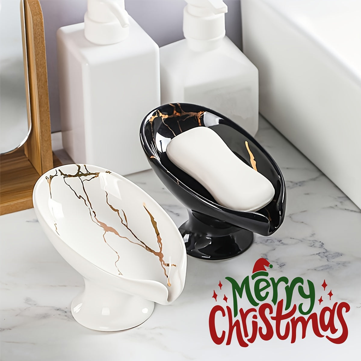 Jabonera de cerámica con patrón de mármol en forma de hoja y función de drenaje automático