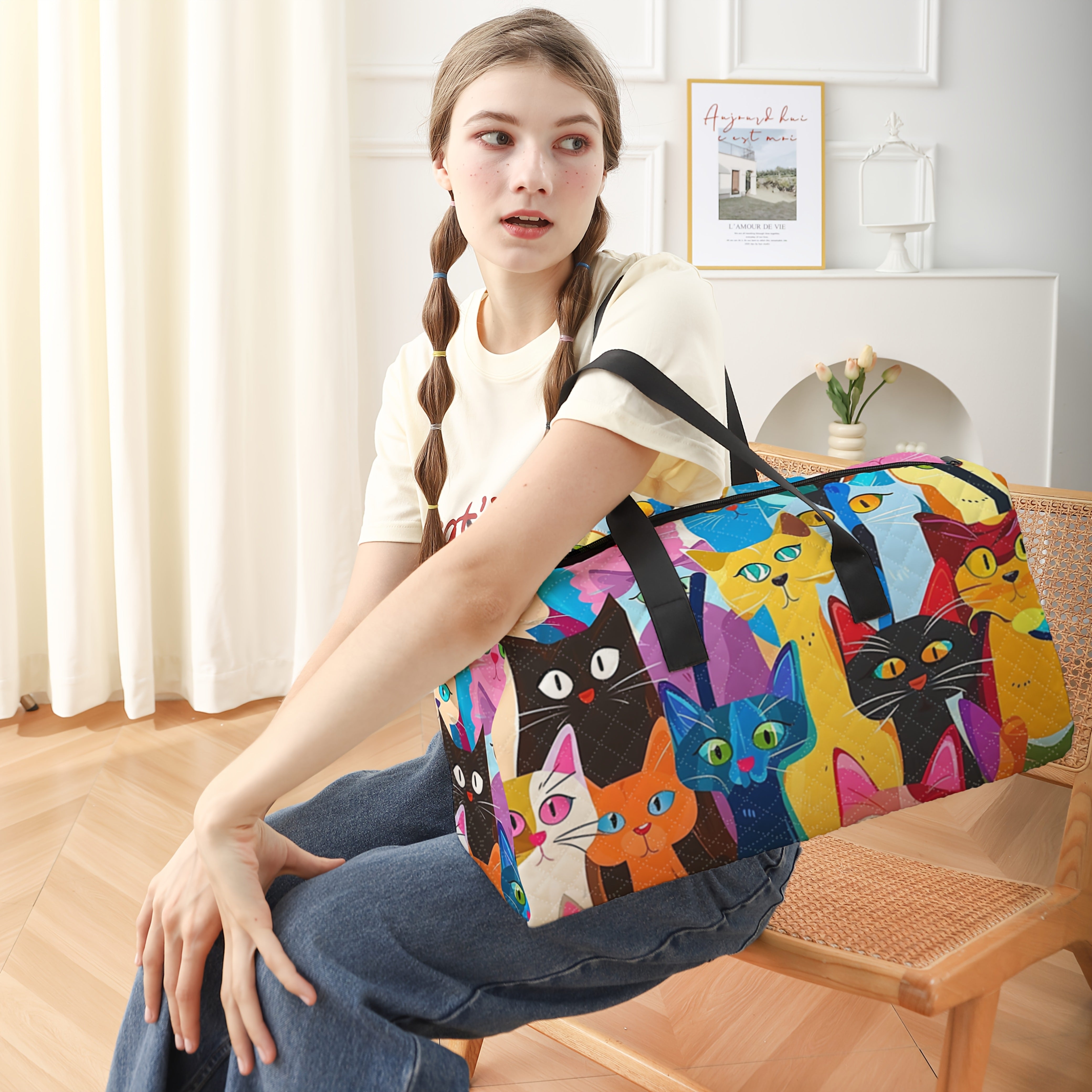 Cartoon Cat Print Duffel Bag with Shoe Compartment for Gym Travel