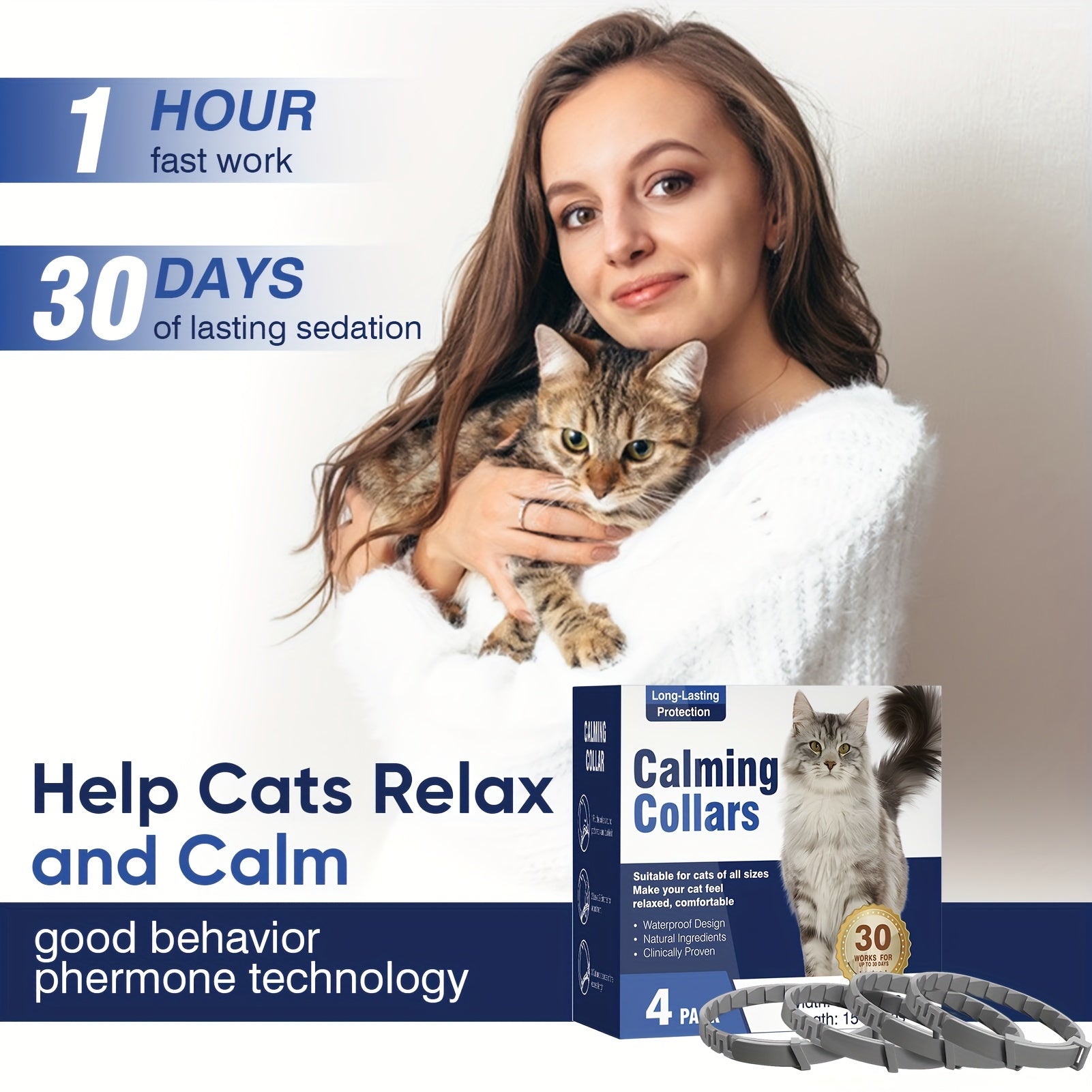 4 успокаивающих ошейника для кошек снимают тревогу и стресс на 30 дней, с регулируемым феромоновым ошейником, подходящим для всех кошек.
