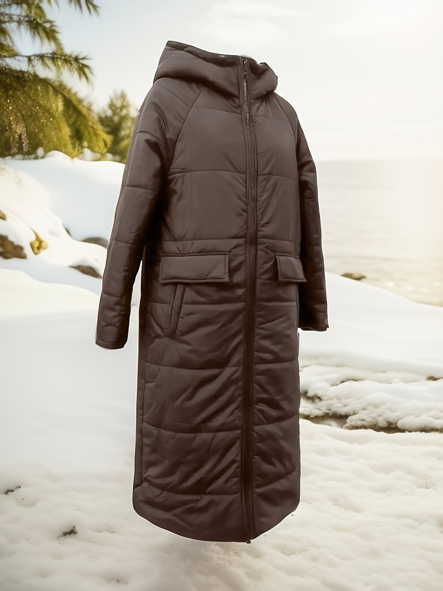 Long Padded Coat for Women with Fleece Lining Knee-Length Solid Color Winter Outerwear