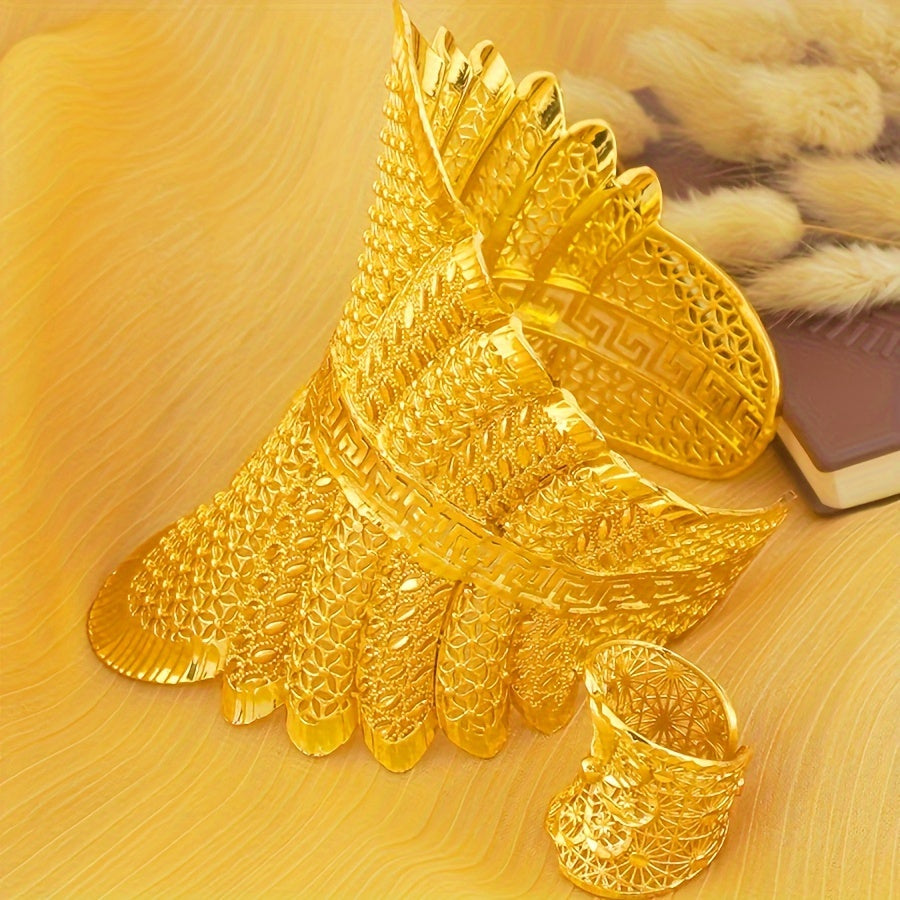 Set of 2 Gold Plated Copper Cuff Bracelets with Rings for Women Boho Chic Jewelry for Weddings Parties Gifts