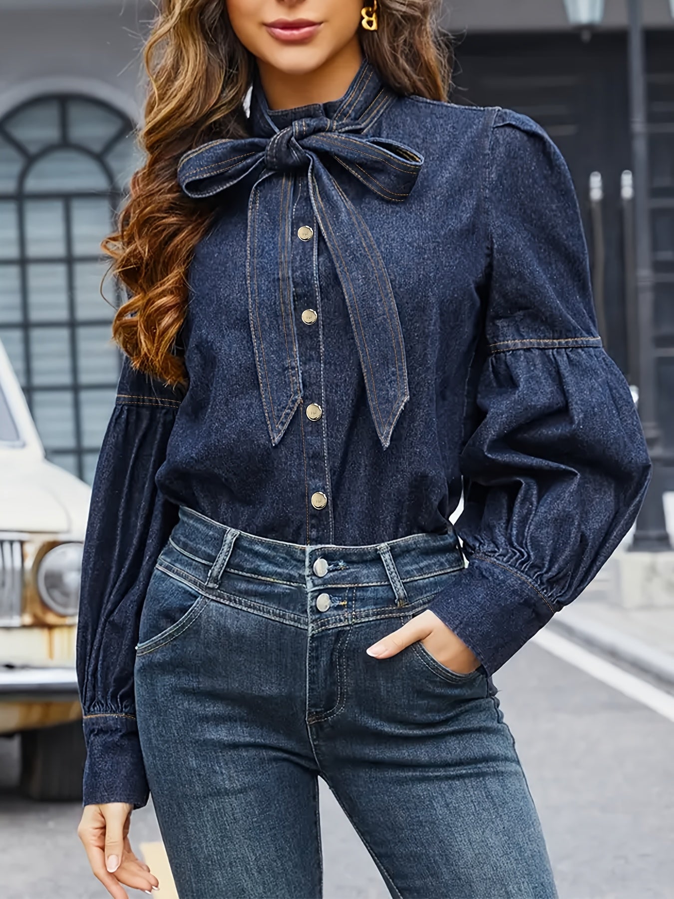 Women's Denim Blouse with Bow Tie Lantern Sleeves in Dark Blue Cotton Spandex