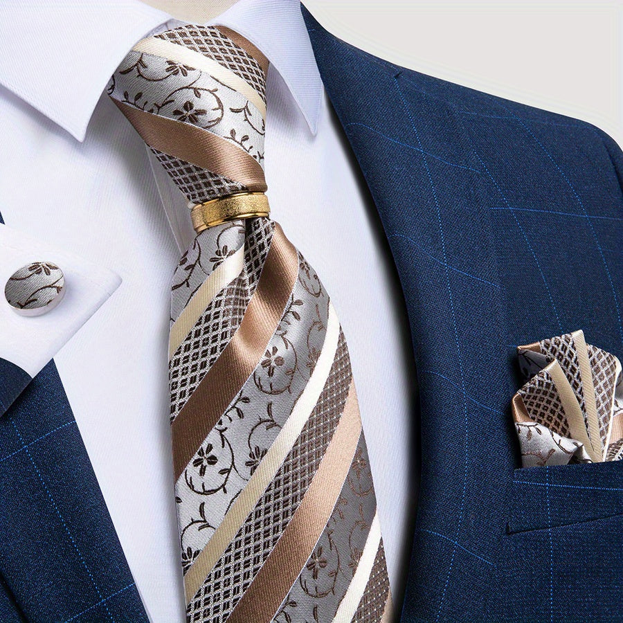 Men's Classic Striped Tie Set with Handkerchief Cufflinks and Ring for Business Formal Weddings
