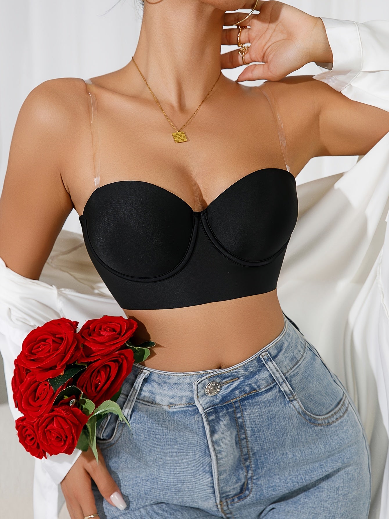 Qora Push-Up Bra shaffof kamarlar bilan, underwire qo'llab-quvvatlash, olib tashlanmaydigan padlar bilan
