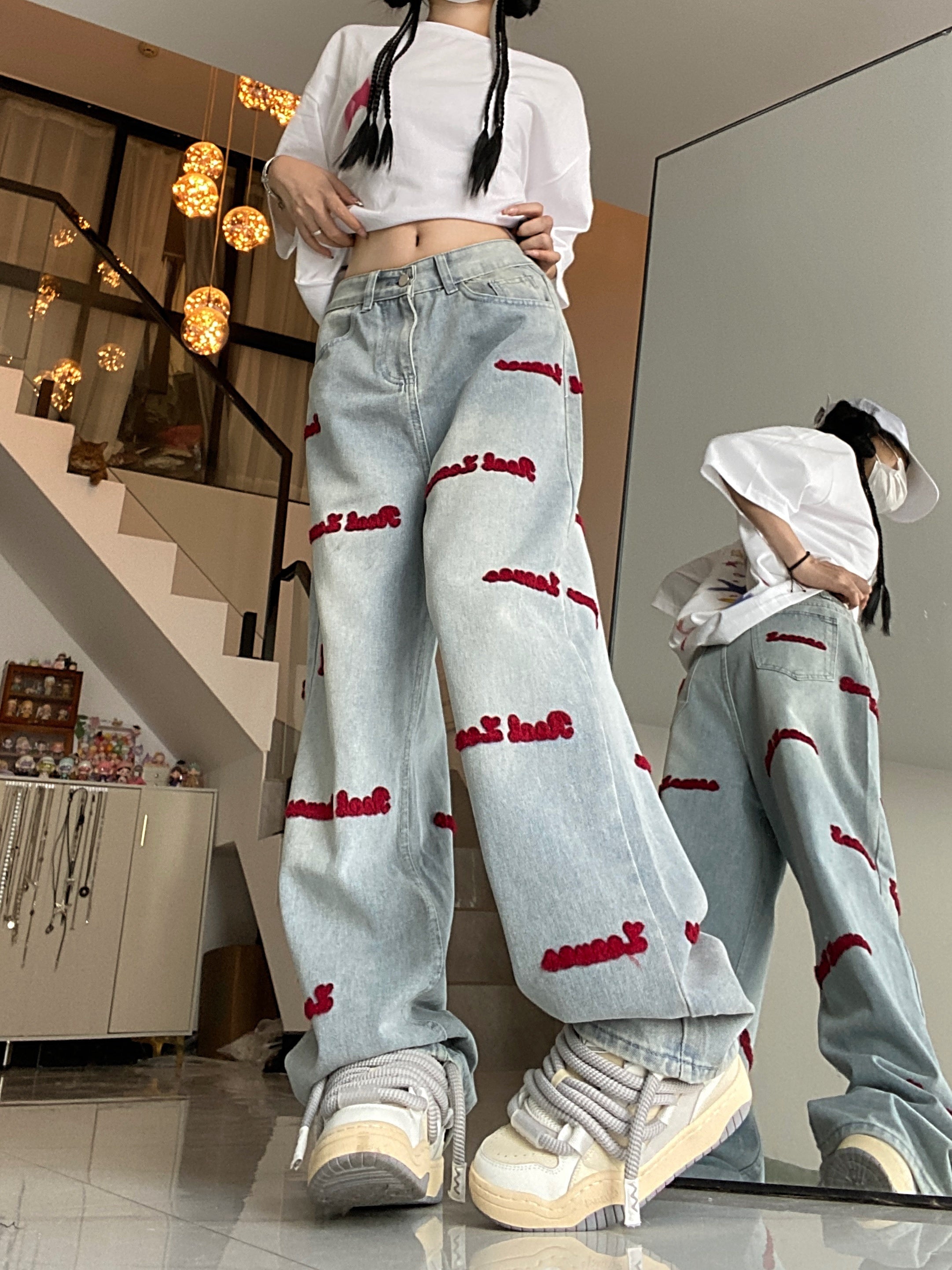 Women's Denim Jeans with Red Embroidered Lettering Regular Fit Long Stretch Fabric Casual All-Season