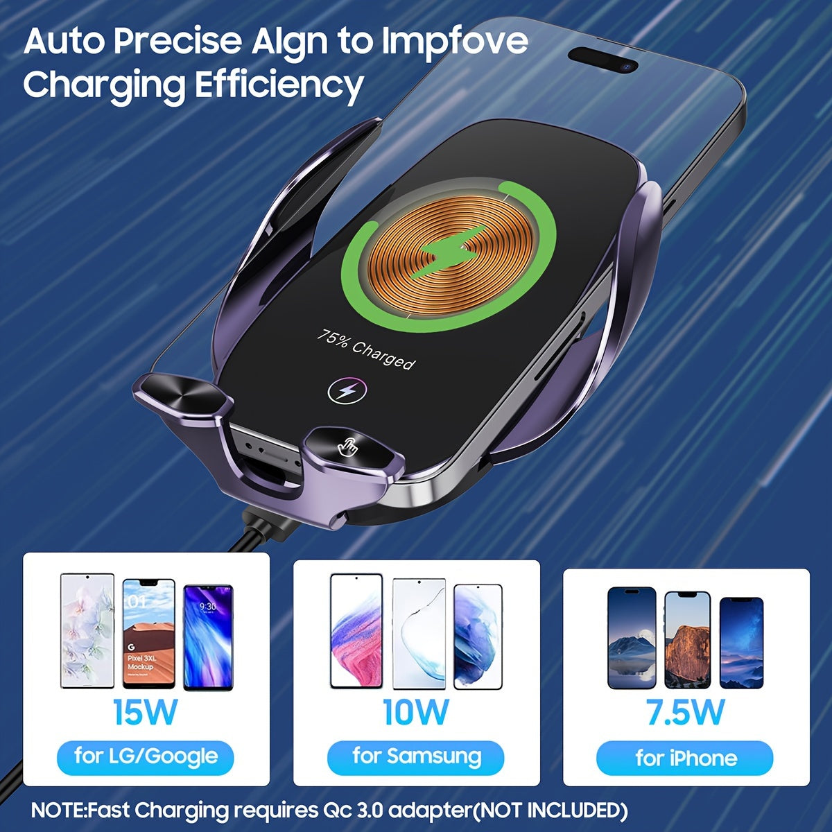 Wireless Car Charger Holder for iPhone and Samsung Galaxy 15W Fast Charging Auto Clamp Dashboard Vent Mount