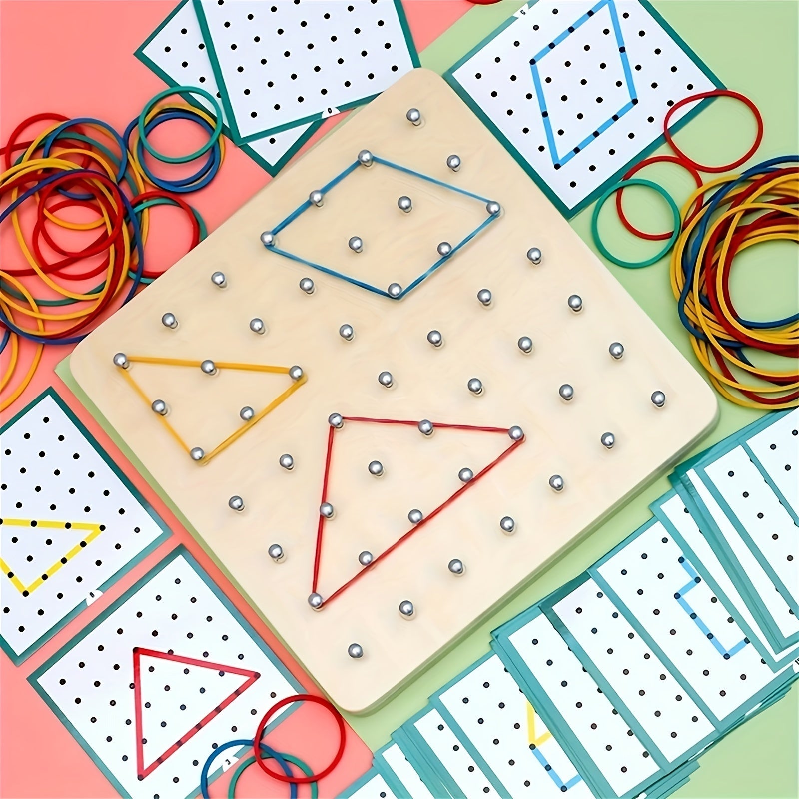 Educational Wooden Geometric Board Set for Kids Ages 3-6 with Pattern Cards and Rubber Bands