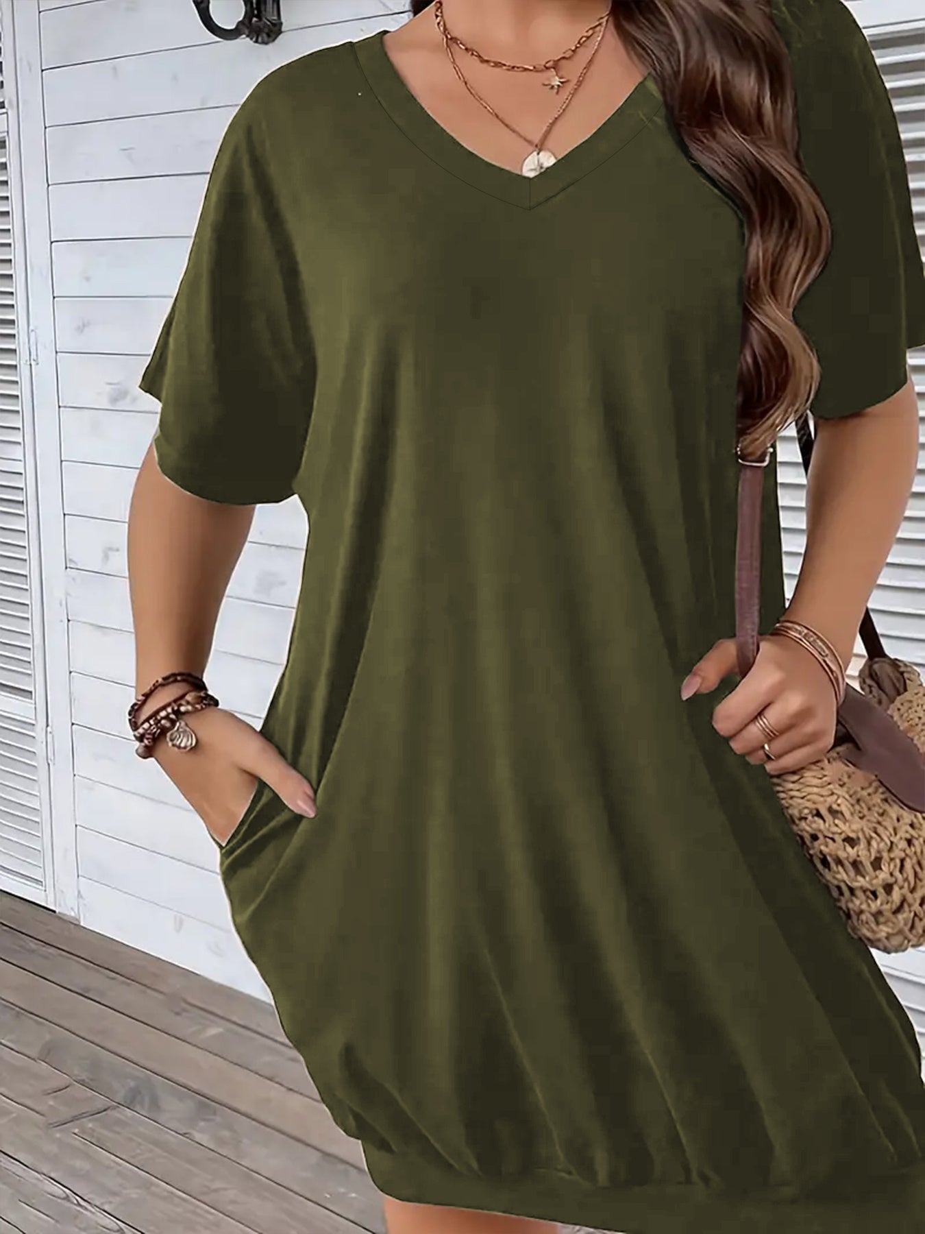 Plus Size Women's V-Neck T-Shirt Dress with Pockets Short Sleeve Casual Spring Summer Fall
